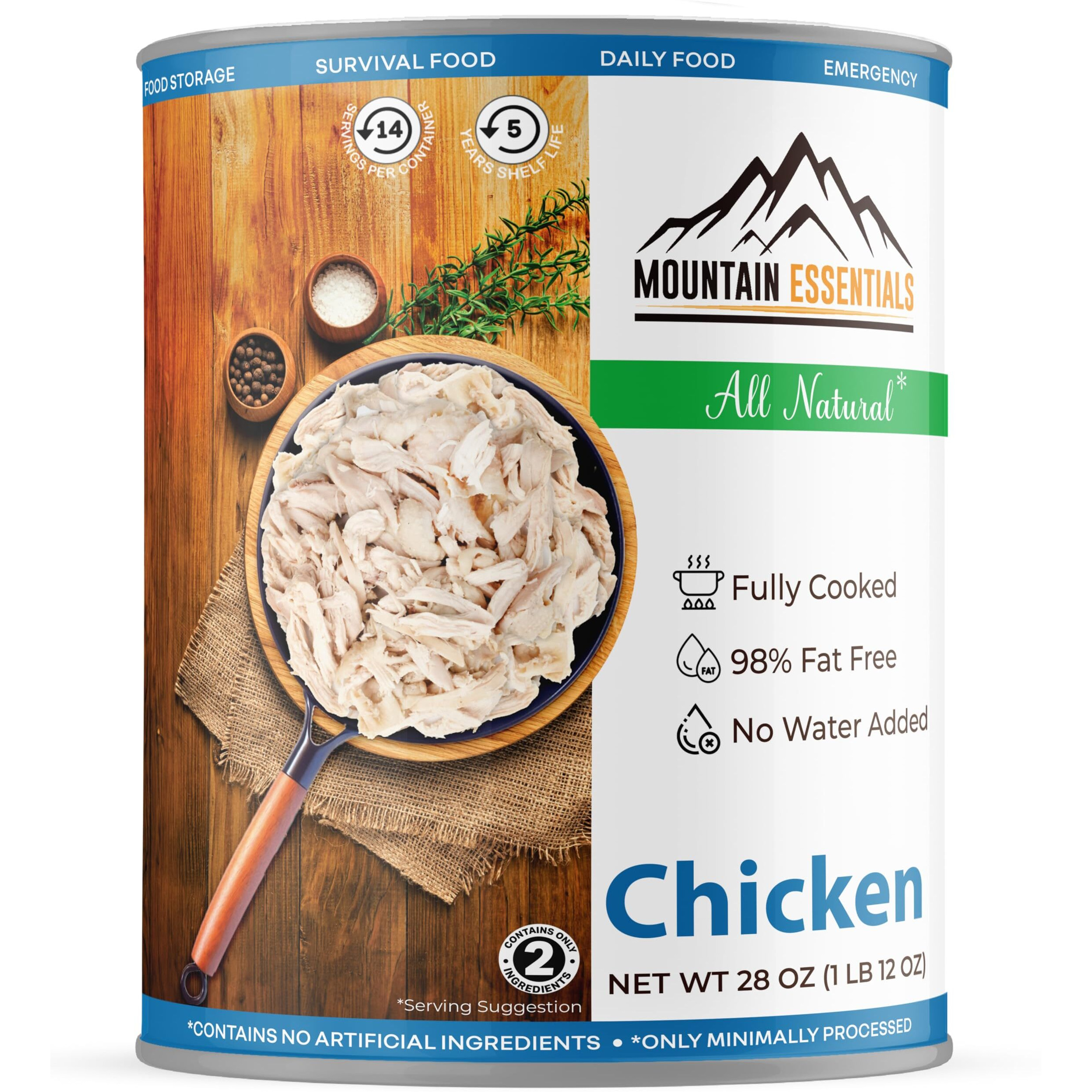 Mountain Essentials All Natural Fully Cooked Chicken 28 Oz Recipe Ready Canned Meat No Water Added | No Carbs | No Preservatives Daily Food Perfect For Camping Or Home Meals Emergency Food Pack Of 1