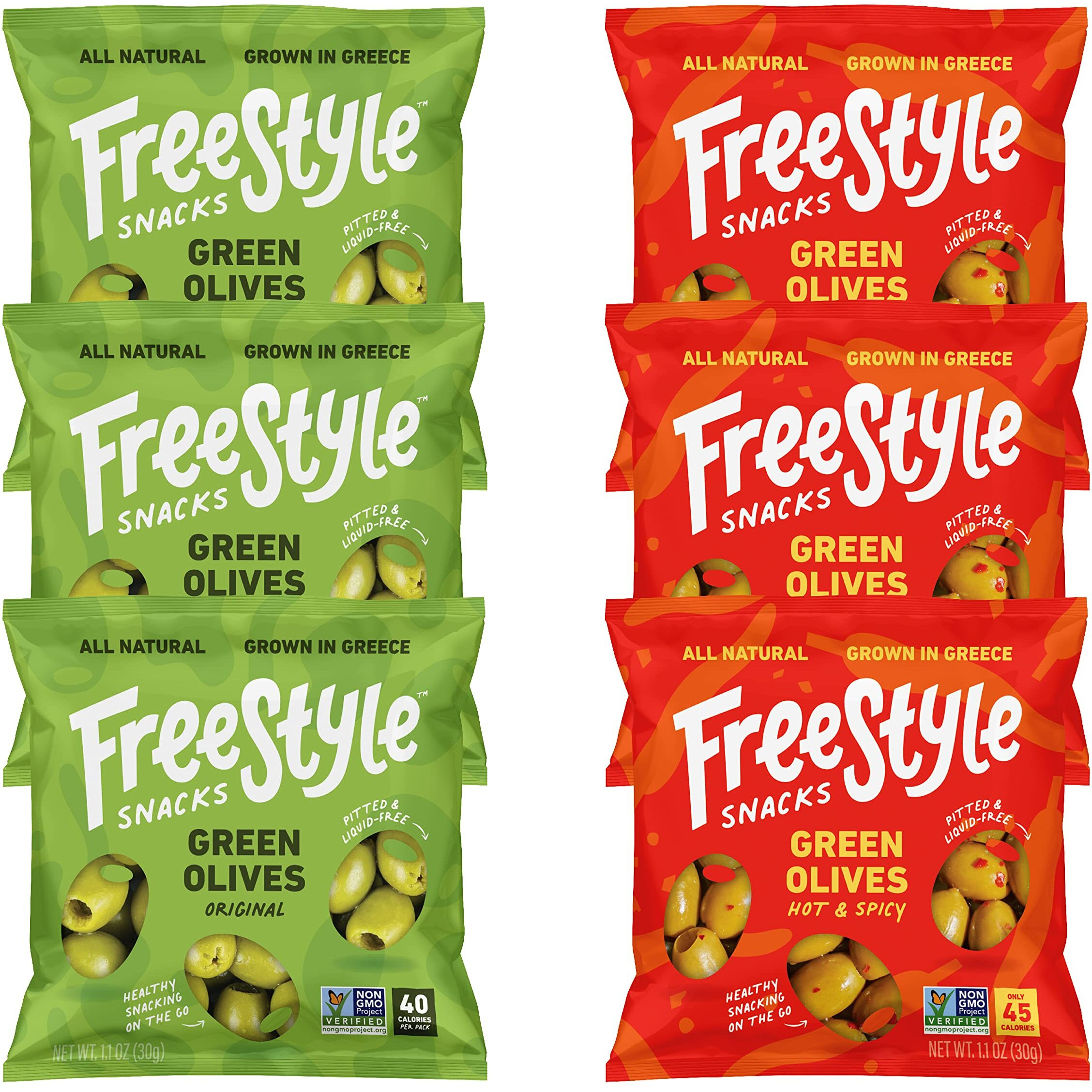 Freestyle Snacks Olive Snack Packs - Single Serve - Fresh Pitted Green Olives, Jumbo-Sized, Grown In Greece, All Natural, Non-Gmo, Paleo, Sugar-Free, Keto, Salty Snack - Variety, 1.1Oz (6 Pack)