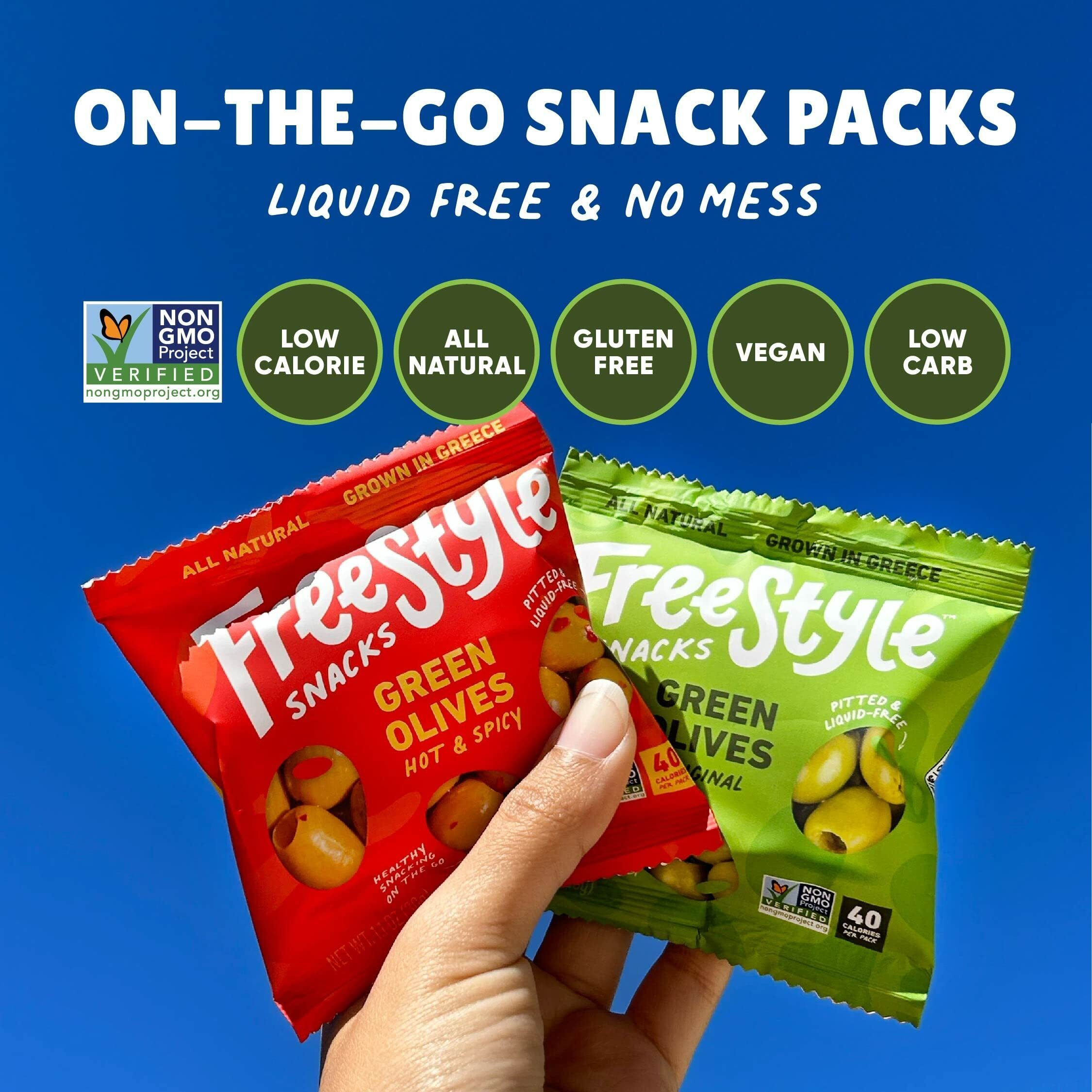Freestyle Snacks Olive Snack Packs - Single Serve - Fresh Pitted Green Olives, Jumbo-Sized, Grown In Greece, All Natural, Non-Gmo, Paleo, Sugar-Free, Keto, Salty Snack - Variety, 1.1Oz (6 Pack)