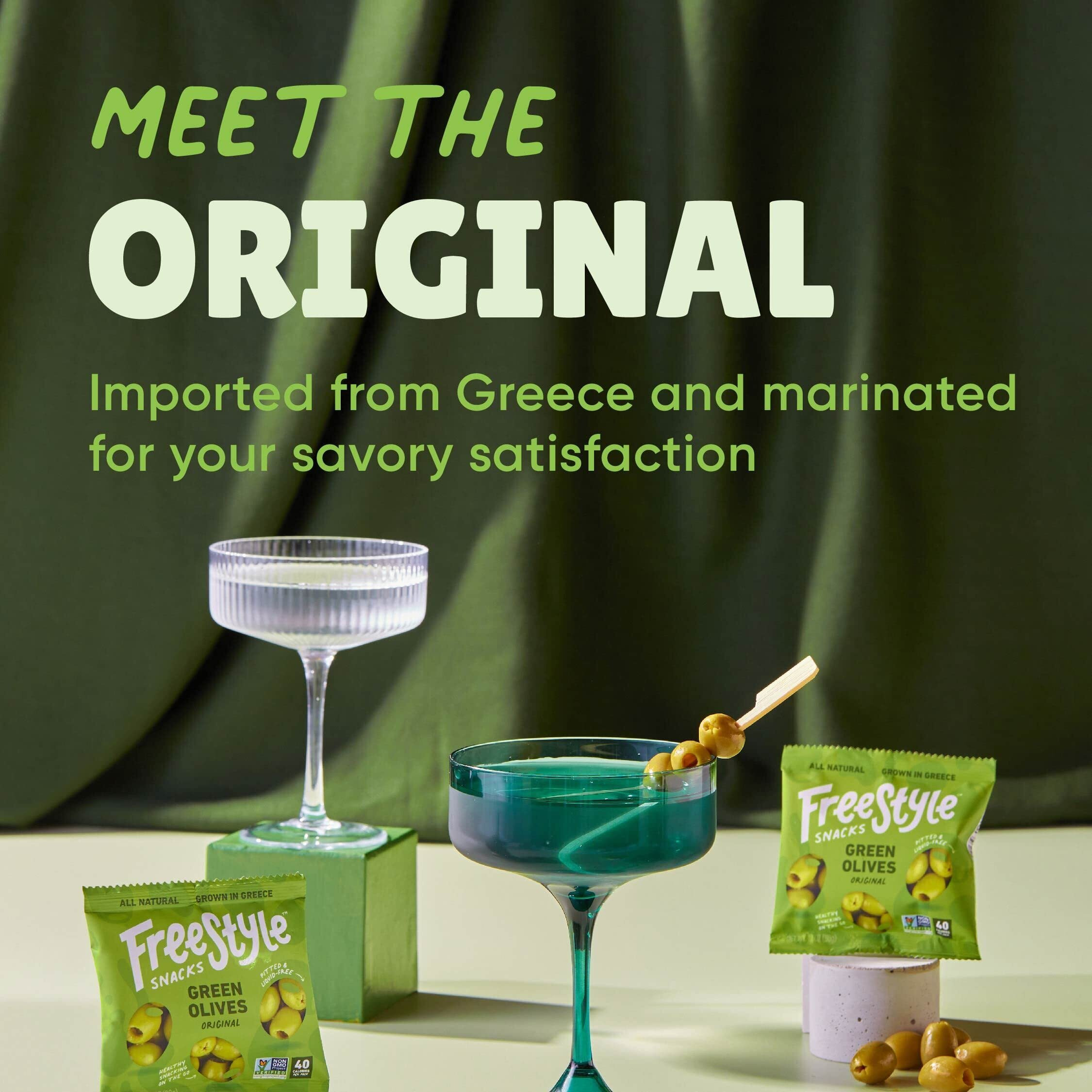 Freestyle Snacks Olive Snack Packs - Single Serve - Fresh Pitted Green Olives, Jumbo-Sized, Grown In Greece, All Natural, Non-Gmo, Paleo, Sugar-Free, Keto, Salty Snack - Variety, 1.1Oz (6 Pack)