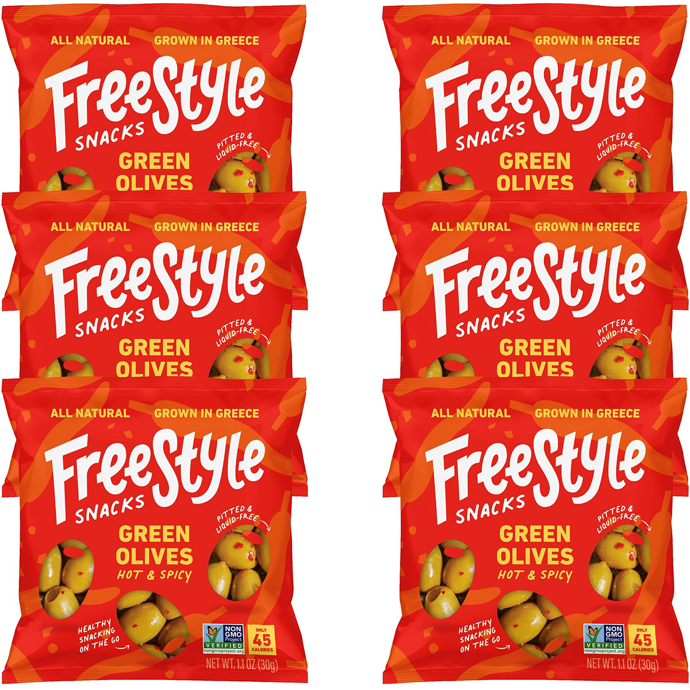 Freestyle Snacks Olive Snack Packs - Single Serve - Fresh Pitted Green Olives, Jumbo-Sized, Grown In Greece, All Natural, Non-Gmo, Paleo, Sugar-Free, Keto, Salty Snack - Hot And Spicy, 1.1Oz (6 Pack)