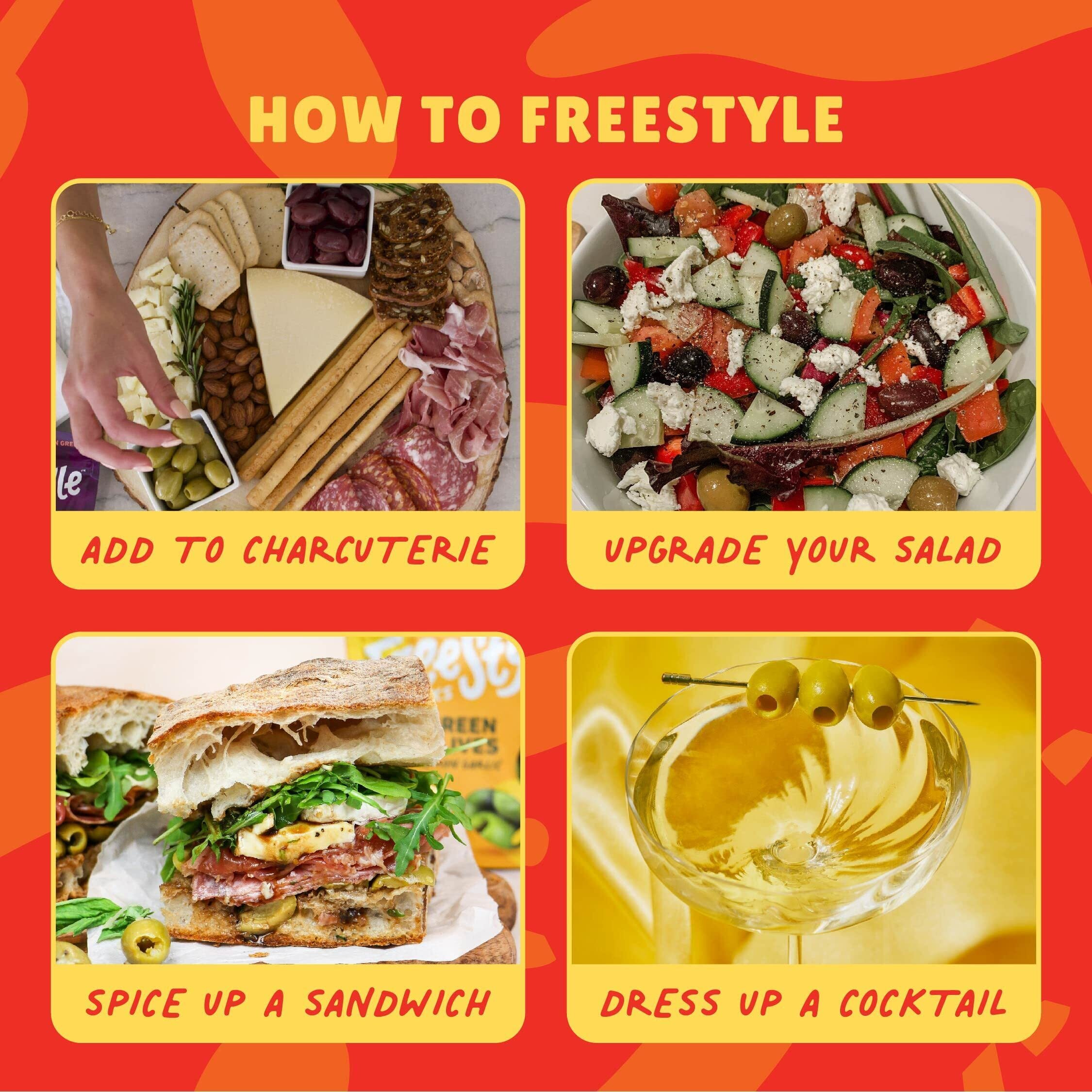 Freestyle Snacks Olive Snack Packs - Single Serve - Fresh Pitted Green Olives, Jumbo-Sized, Grown In Greece, All Natural, Non-Gmo, Paleo, Sugar-Free, Keto, Salty Snack - Hot And Spicy, 1.1Oz (6 Pack)