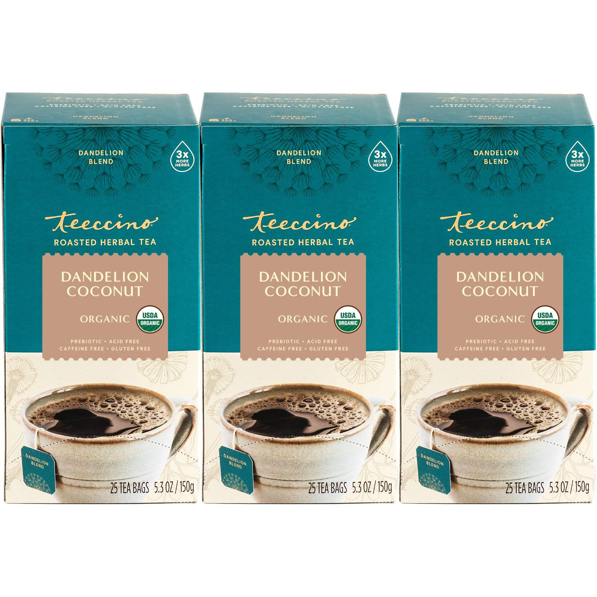 Teeccino Dandelion Coconut Tea - Caffeine Free, Roasted Herbal Tea With Prebiotics, 3X More Herbs Than Regular Tea Bags, Gluten Free - 25 Tea Bags (Pack Of 3)
