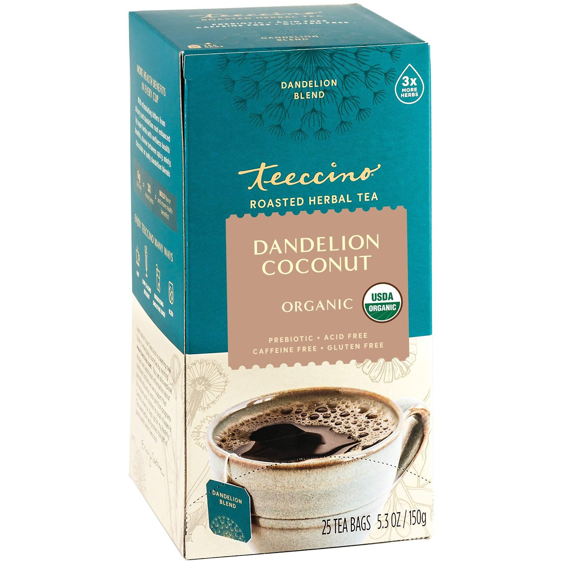 Teeccino Dandelion Coconut Tea - Caffeine Free, Roasted Herbal Tea With Prebiotics, 3X More Herbs Than Regular Tea Bags, Gluten Free - 25 Tea Bags (Pack Of 3)