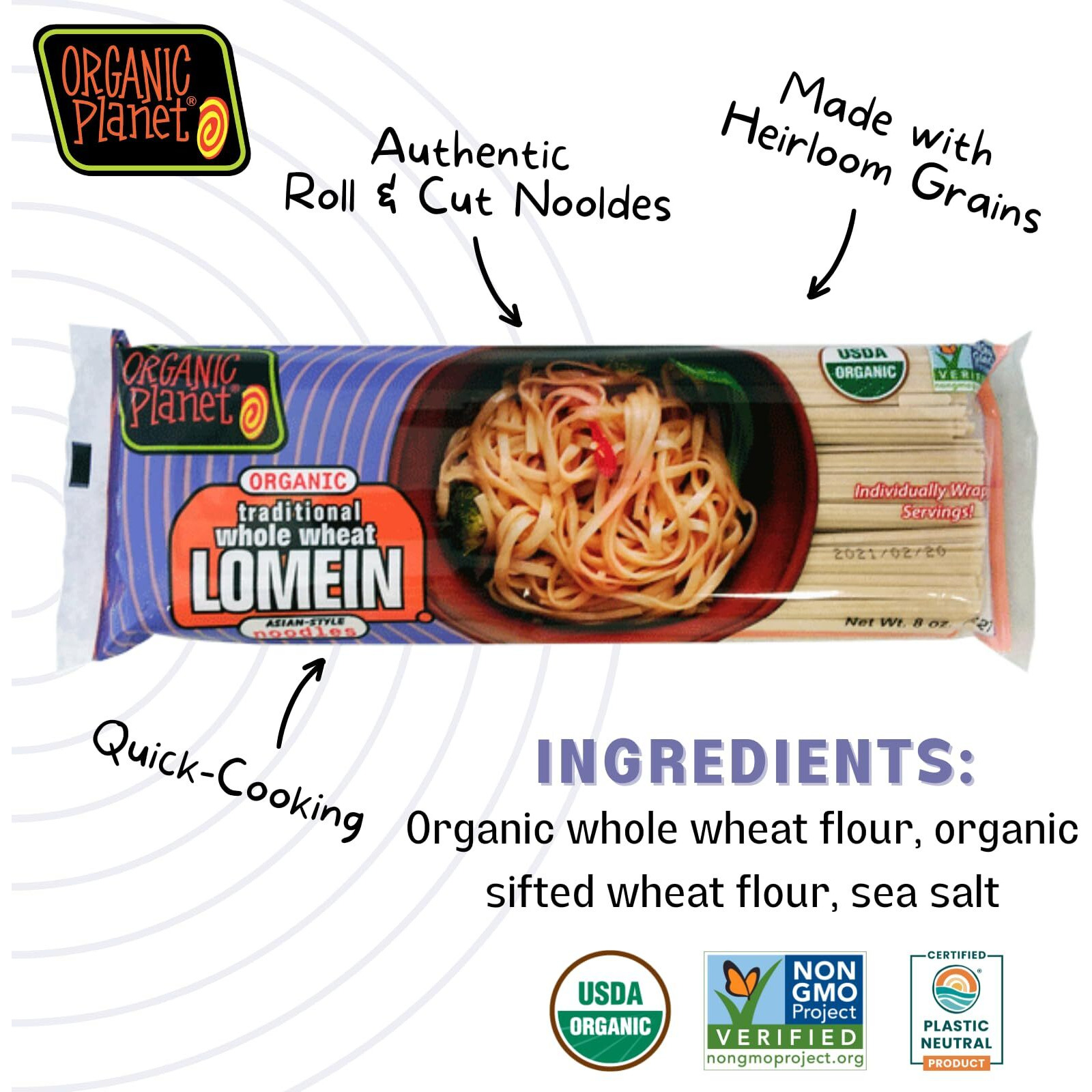Organic Planet Whole Wheat Lo Mein Noodles, Non-Gmo, Organic, Vegan, Asian Stir-Fry Noodles, 8 Oz (3 Pack), 8 Oz (3 Pack)