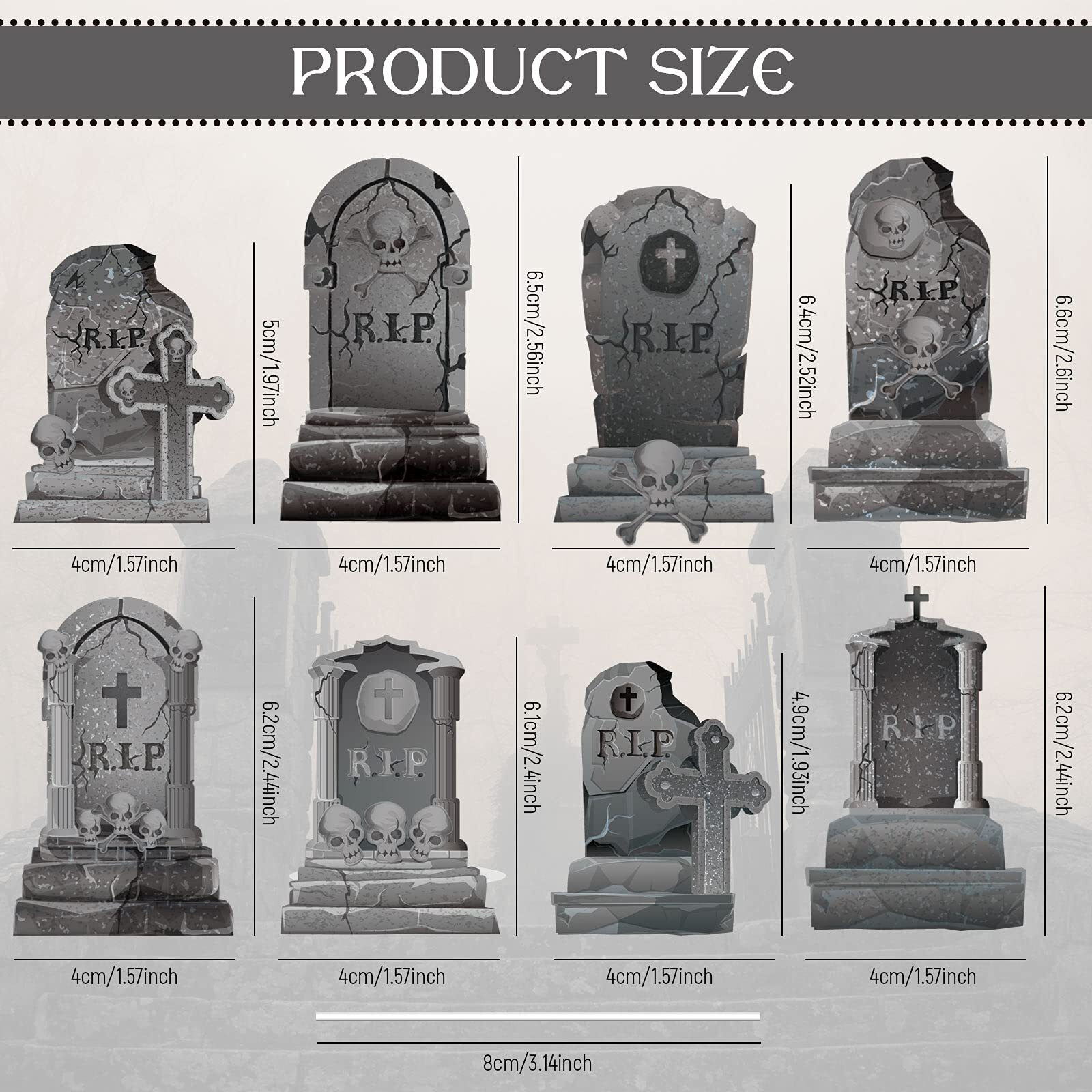 Whaline 24Pcs Halloween Cupcake Toppers 8 Designs Tombstone Graveyard Cake Toppers Scary Cupcake Decoration Table Centerpiece Sticks Appetizer Picks For Party Supplies