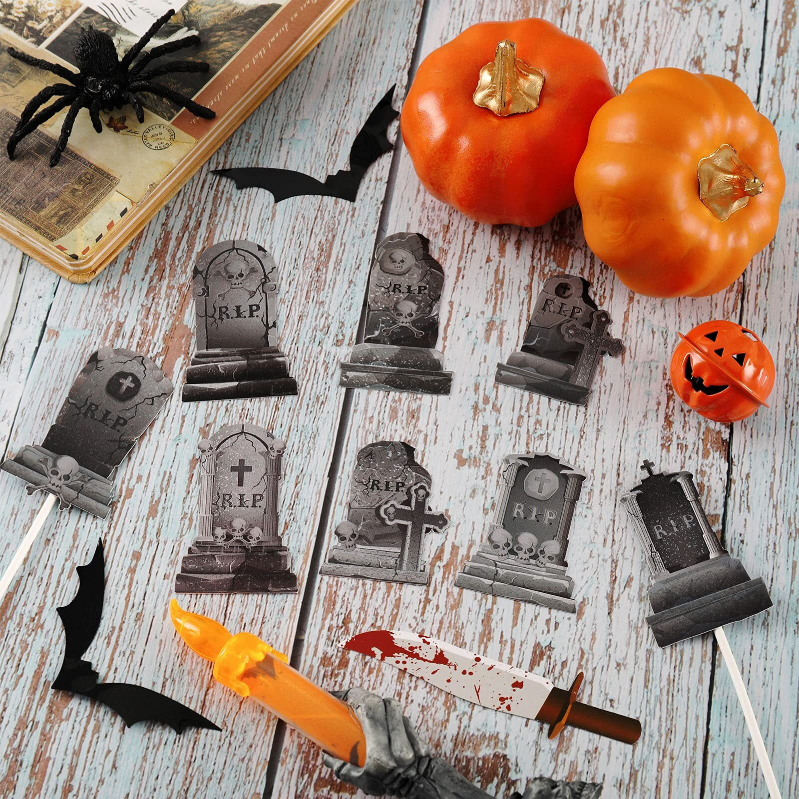 Whaline 24Pcs Halloween Cupcake Toppers 8 Designs Tombstone Graveyard Cake Toppers Scary Cupcake Decoration Table Centerpiece Sticks Appetizer Picks For Party Supplies