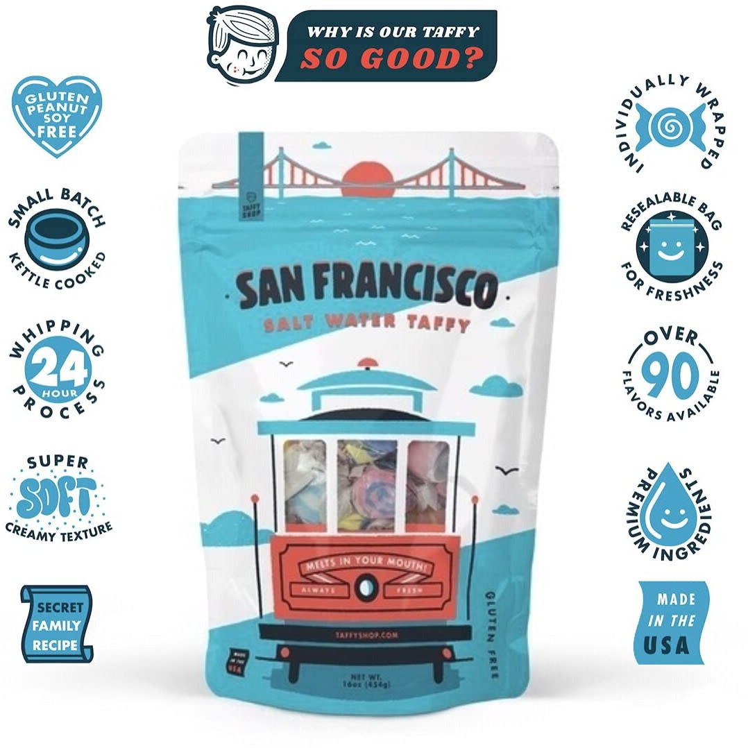 Taffy Shop San Francisco Salt Water Taffy - Small Batch Salt Water Taffies Made In The Usa - Super Soft, Sweet, Taffy Candy - Guaranteed Fresh - Gluten-Free, Soy-Free, Peanut-Free - 7Oz