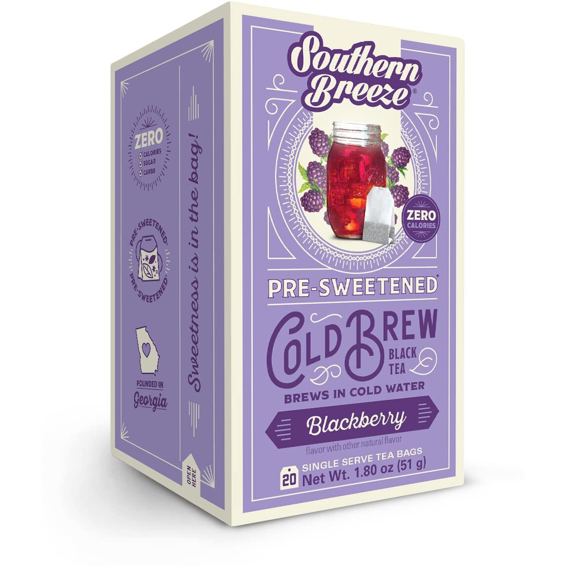 Southern Breeze Cold Brew Sweet Tea Blackberry Iced Tea With Black Tea And Zero Carbs Zero Sugar, 20 Individually Wrapped Tea Bags Southern Sweet Tea Iced Tea Beverage