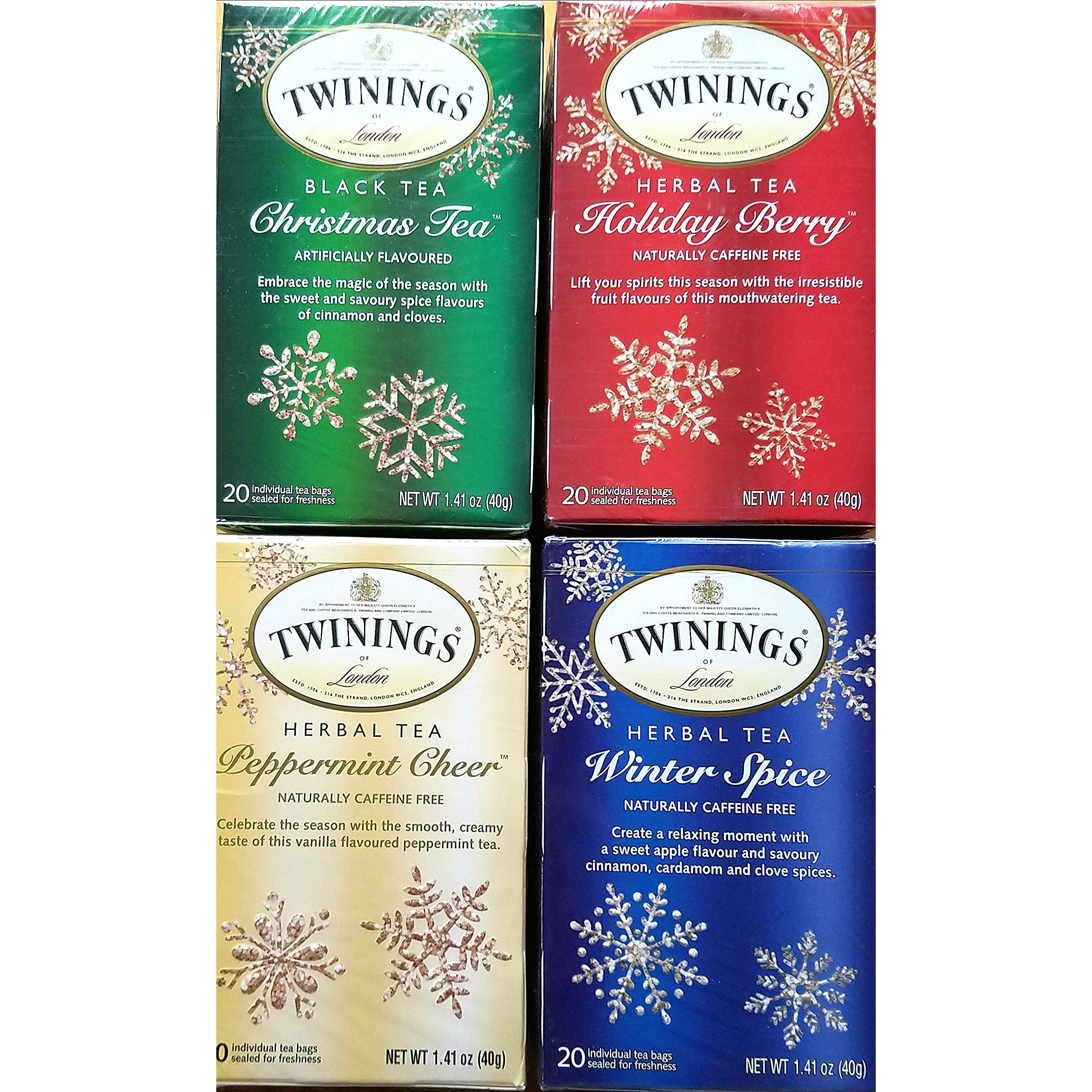 Twinings Of London Holiday Variety Tea Bag Pack, Peppermint Cheer, Holiday Berry, Christmas Tea, Winter Spice, 20 Count (Pack Of 4)