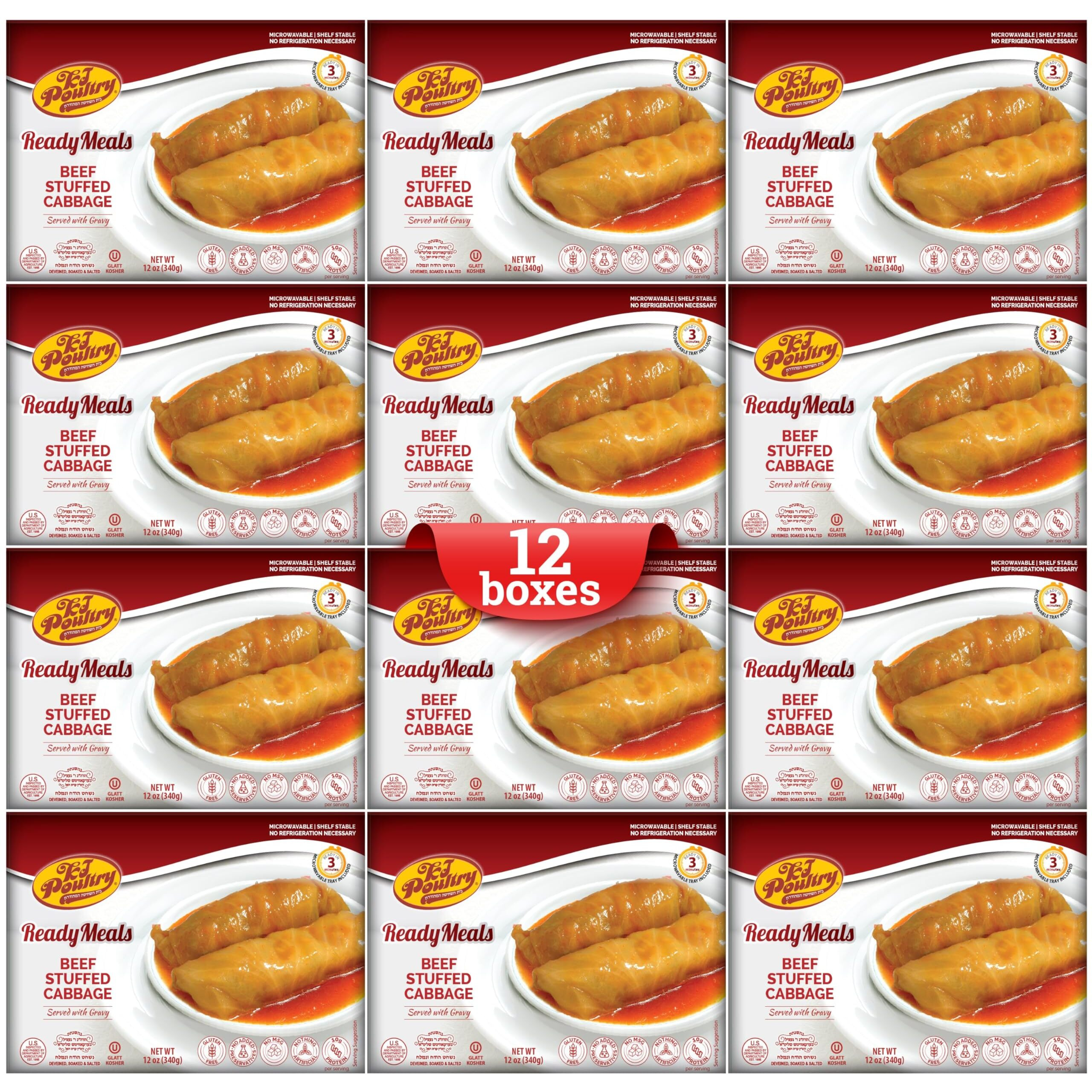 Kosher Beef Stuffed Cabbage Rolls, Mre Meat Meals Ready To Eat, Gluten Free (12 Pack) Prepared Entree Fully Cooked, Shelf Stable Microwave Dinner - Travel, Military, Camping, Emergency Survival Food