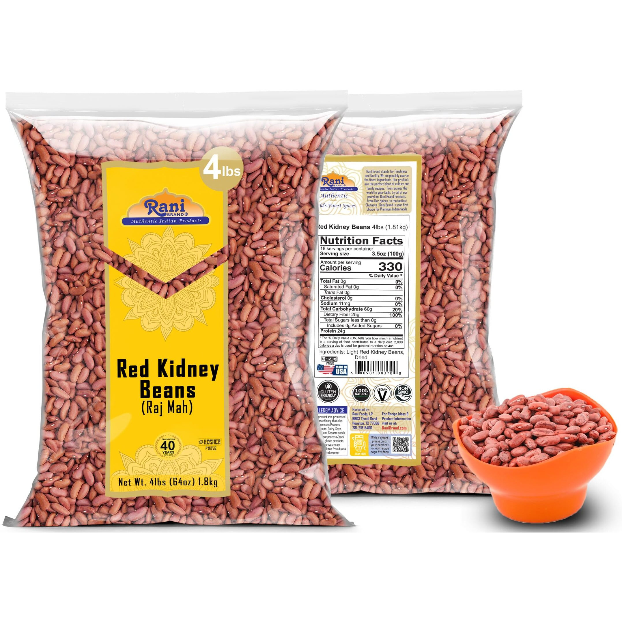 Rani Red Kidney Beans, Light 64Oz (4Lbs) 1.81Kg ~ Pack Of 2~128Oz (8Lbs) 3.63Kg Total ~ All Natural | Vegan | Gluten Friendly | Non-Gmo | Kosher | Raj Mah