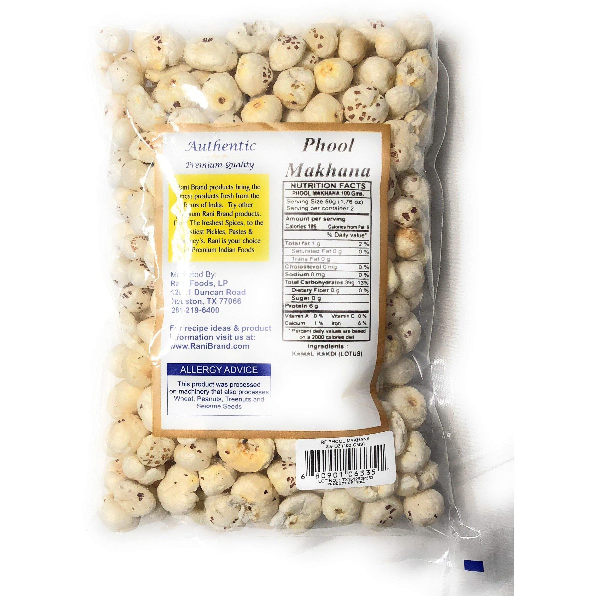 Rani Jumbo Phool Makhana (Fox Nut/Popped Lotus Seed) Plain Raw Uncooked 3.5Oz (100G) ~ All Natural | Vegan | No Colors | Gluten Friendly | Non-Gmo | Indian Origin