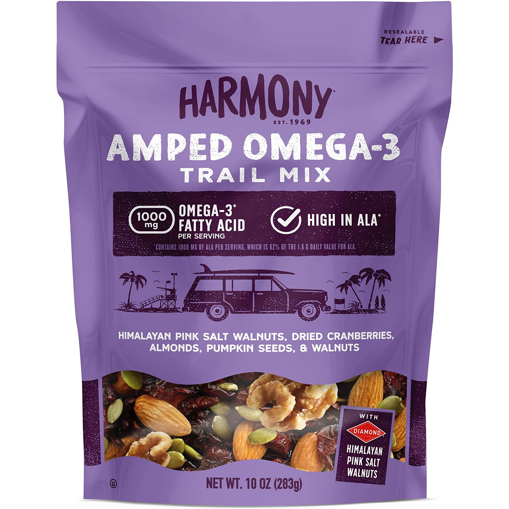 Diamond Of California Harmony Amped Omega-3 Trail Mix With Mixed Nuts, Dried Fruit, Diamond Of California Himalayan Pink Salt Walnuts, And Seeds, 10 Oz, 1 Unit