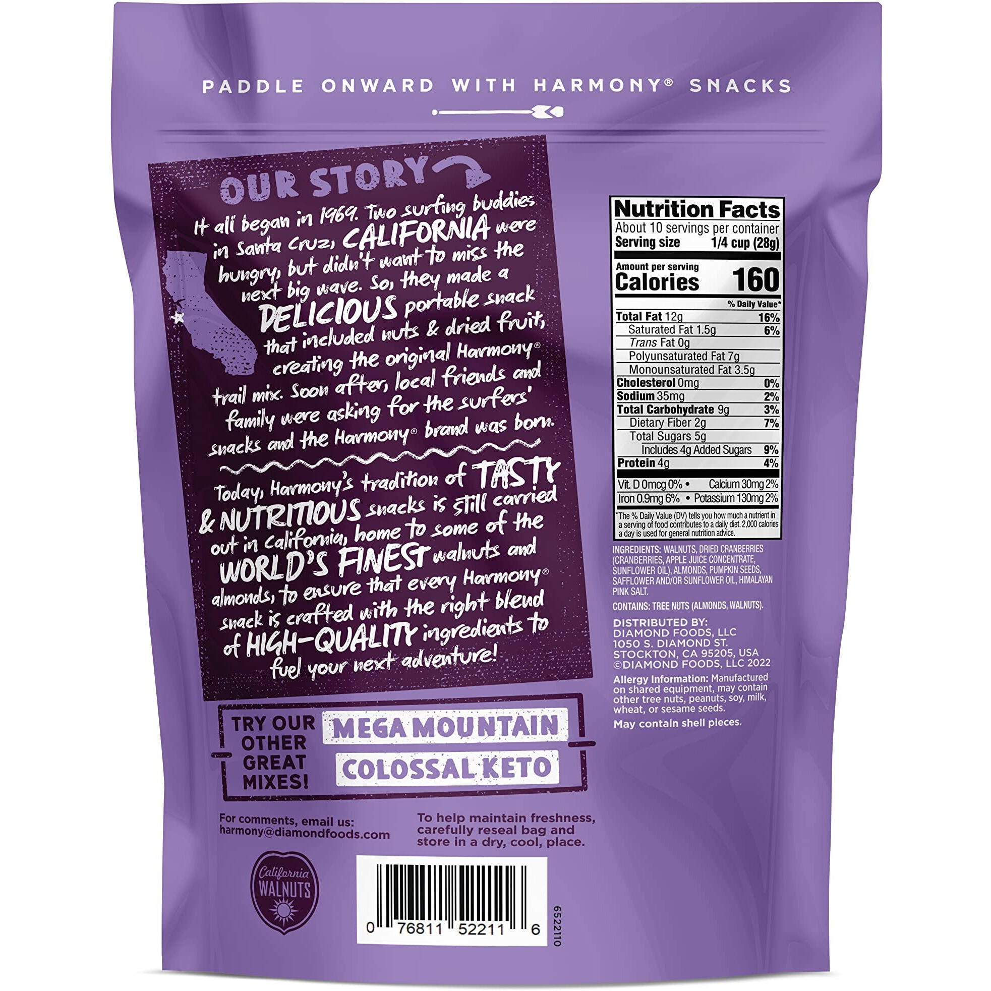 Diamond Of California Harmony Amped Omega-3 Trail Mix With Mixed Nuts, Dried Fruit, Diamond Of California Himalayan Pink Salt Walnuts, And Seeds, 10 Oz, 1 Unit