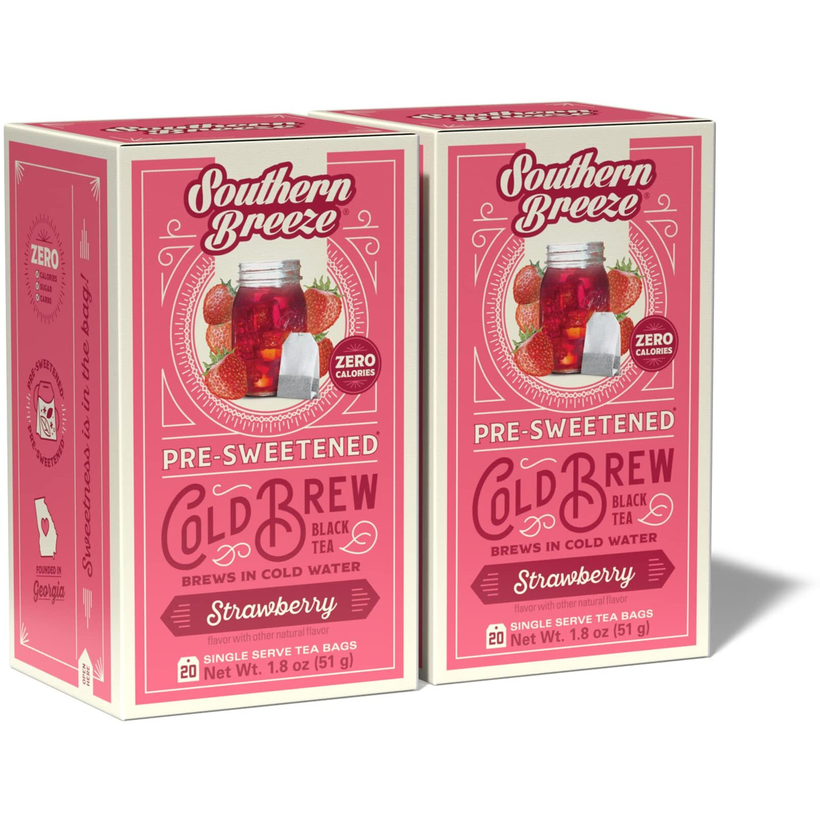 Southern Breeze Cold Brew Sweet Tea Strawberry Iced Tea With Black Tea And Zero Carbs Zero Sugar, 20 Individually Wrapped Tea Bags (Pack Of 2) Southern Sweet Tea Iced Tea Beverage