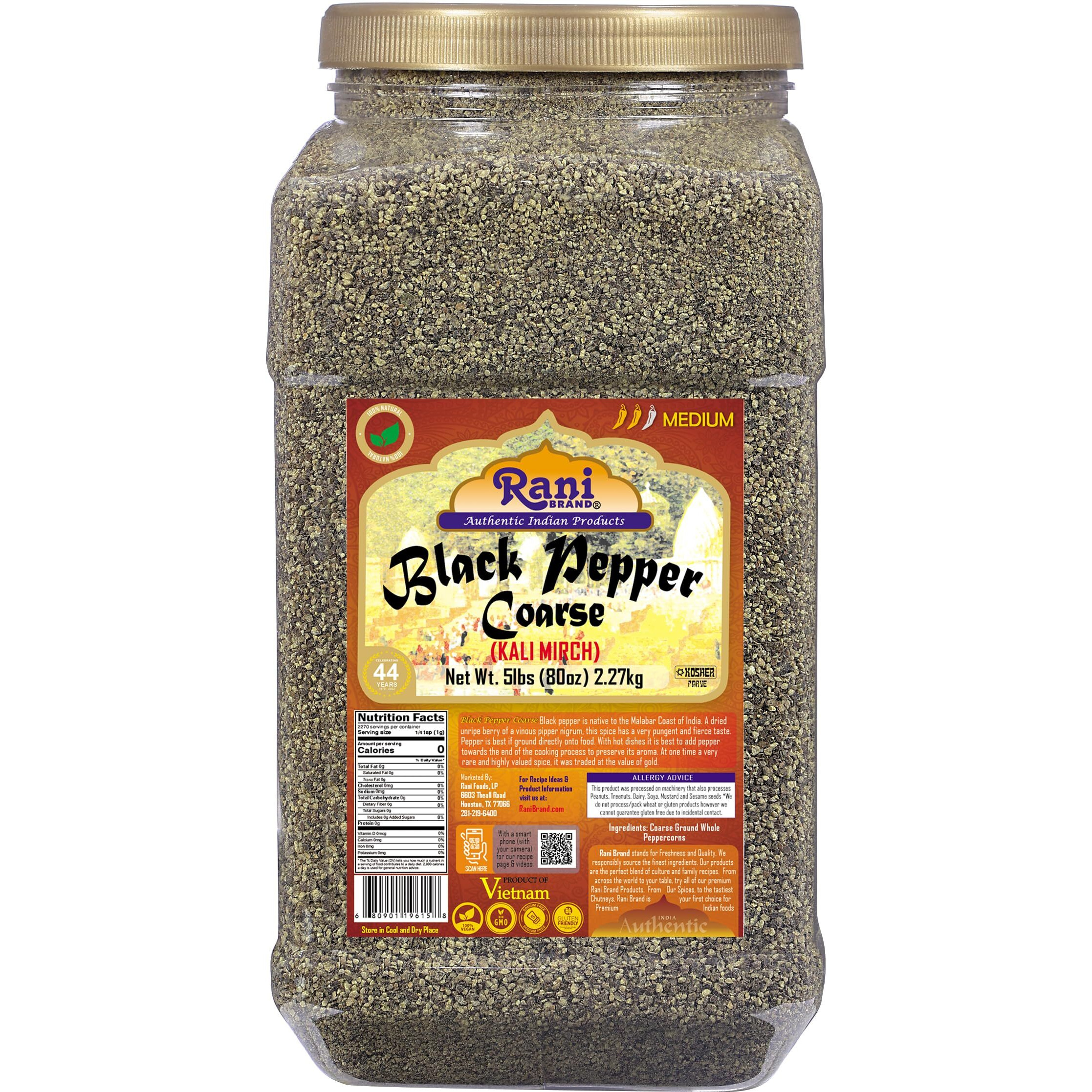Rani Black Pepper Coarse Ground 28 Mesh (Table Grind), 80Oz (5Lbs) 2.27Kg Bulk Pet Jar ~ All Natural | Vegan | Gluten Friendly | Non-Gmo | Kosher