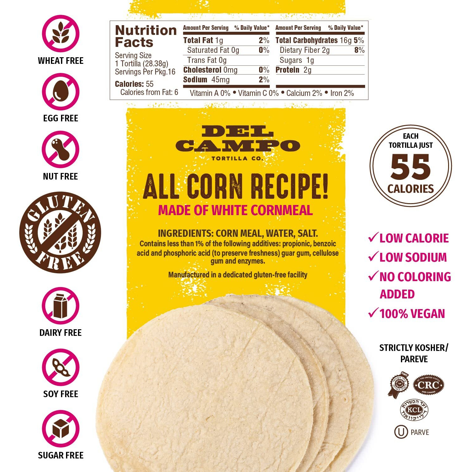 Del Campo Soft Corn Tortillas - 6 Inch Round 1 Lb. Bag. 100% Delicious, Gluten Free And All-Corn Authentic Mexican Food. Many Serving Options Wraps, Tacos, Quesadillas Or Burritos, Kosher. (16Ct.)