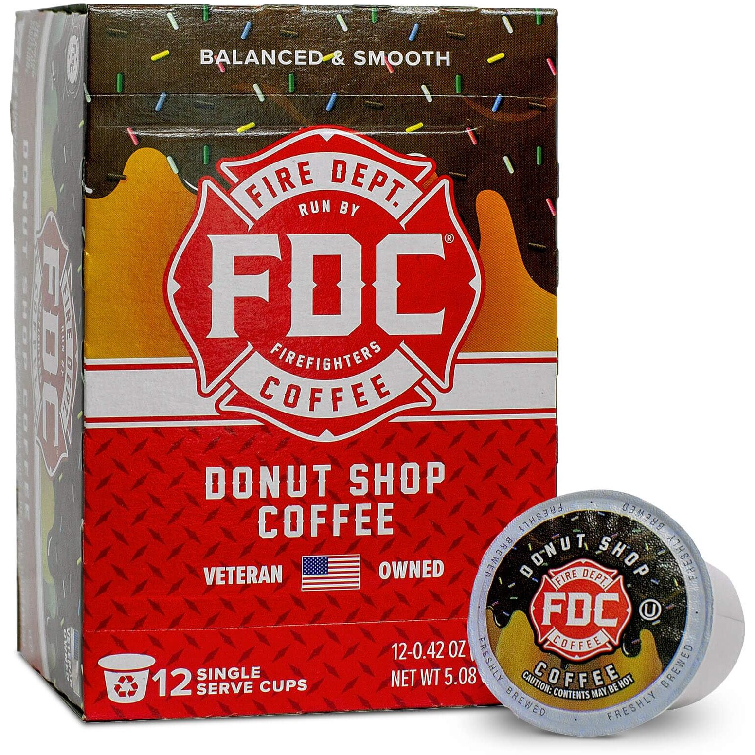 Fire Department Coffee - Gives Back To Firefighters - Medium Roast Donut Shop Coffee Pods - Sweet & Smooth -Roasted In The Usa - Handcrafted Premium Coffee - Veteran Owned - 12 Single Pods