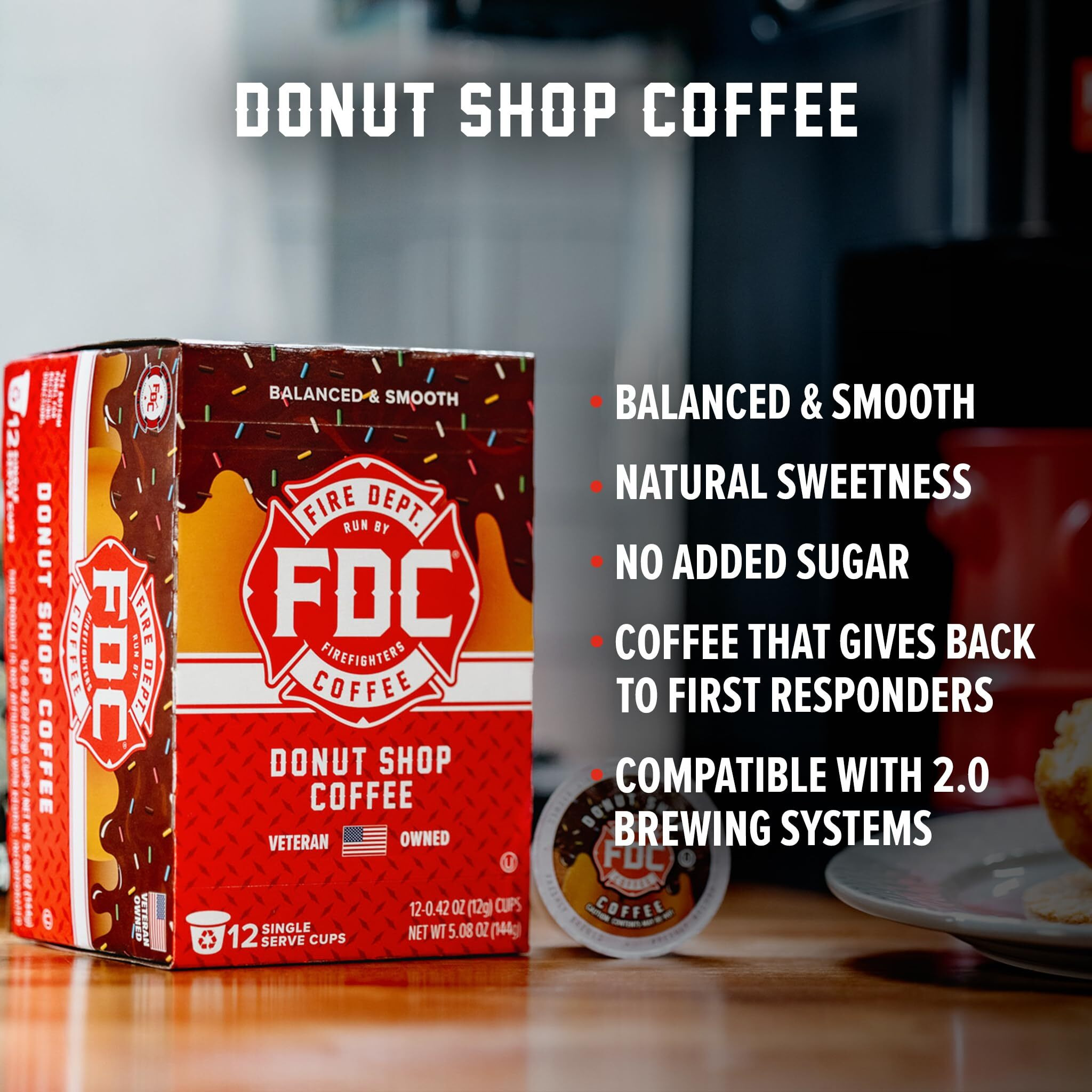 Fire Department Coffee - Gives Back To Firefighters - Medium Roast Donut Shop Coffee Pods - Sweet & Smooth -Roasted In The Usa - Handcrafted Premium Coffee - Veteran Owned - 12 Single Pods