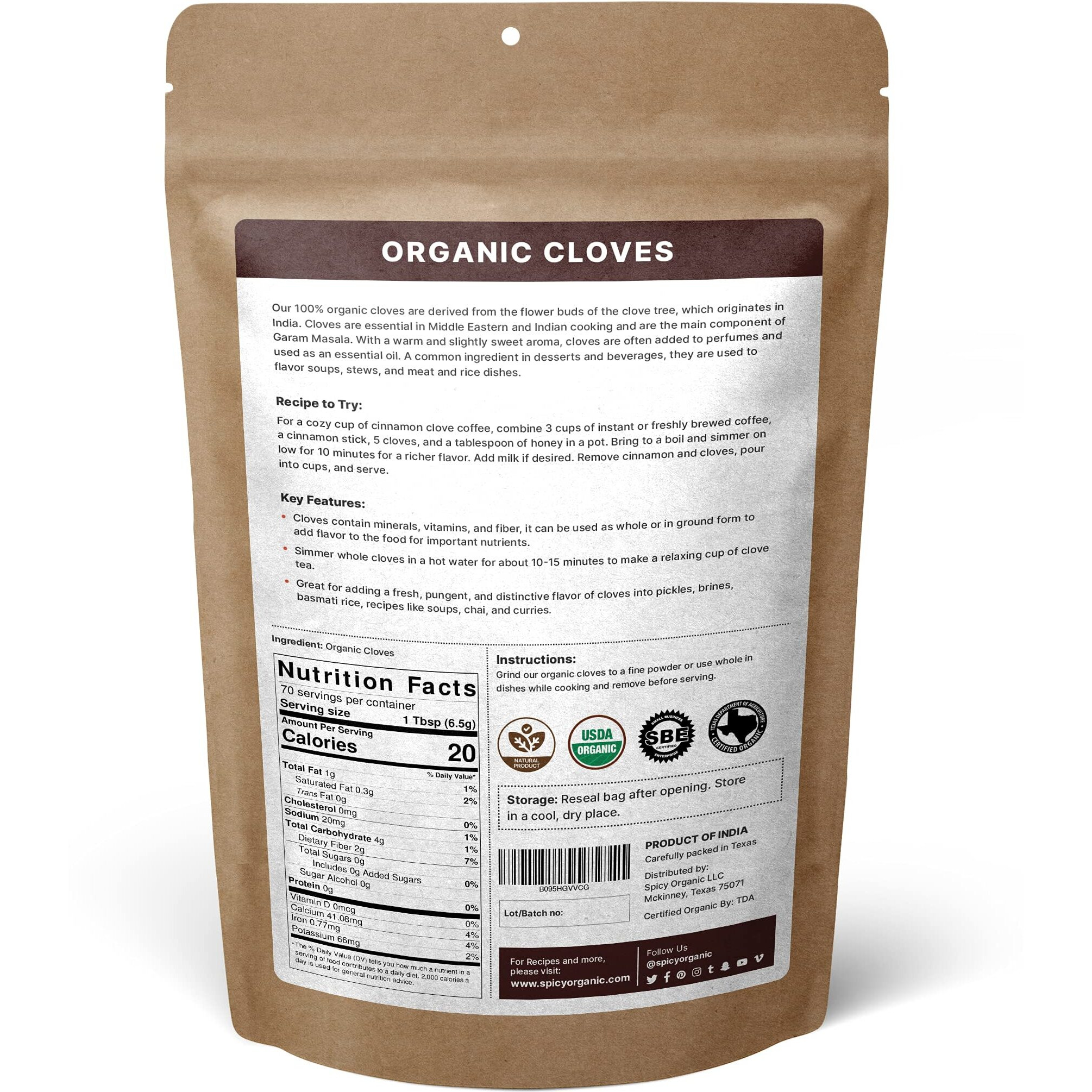 Spicy Organic Cloves Whole - 100% Pure Usda Organic - Non-Gmo, Keto Friendly, Non-Irradiated Fresh Clove Seed Spice - 16 Oz
