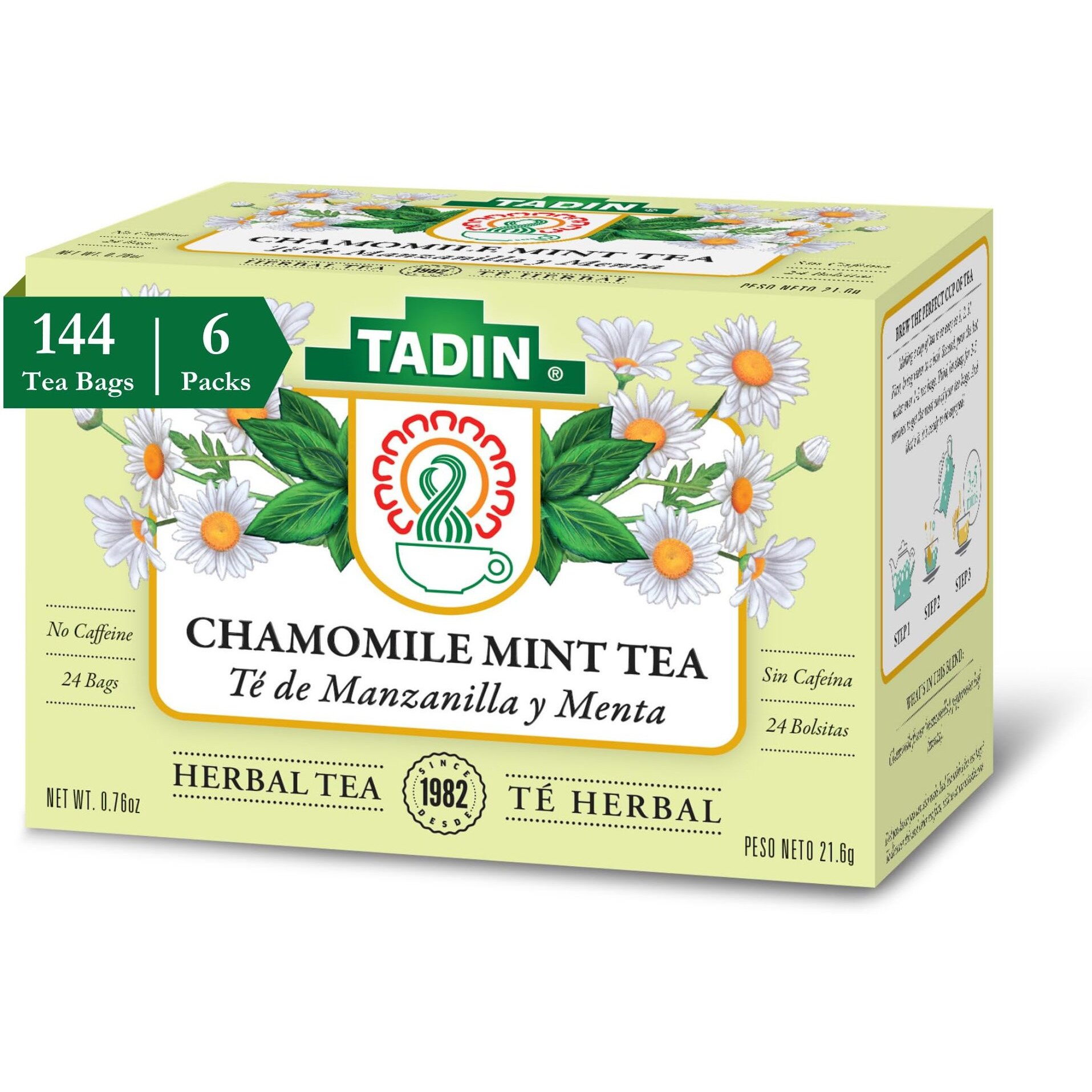 Tadin Chamomile & Mint Tea, Herbal Tea, Tea Bags Individually Wrapped, Caffeine Free Tea, 24 Tea Bags Per Box, Pack Of 6