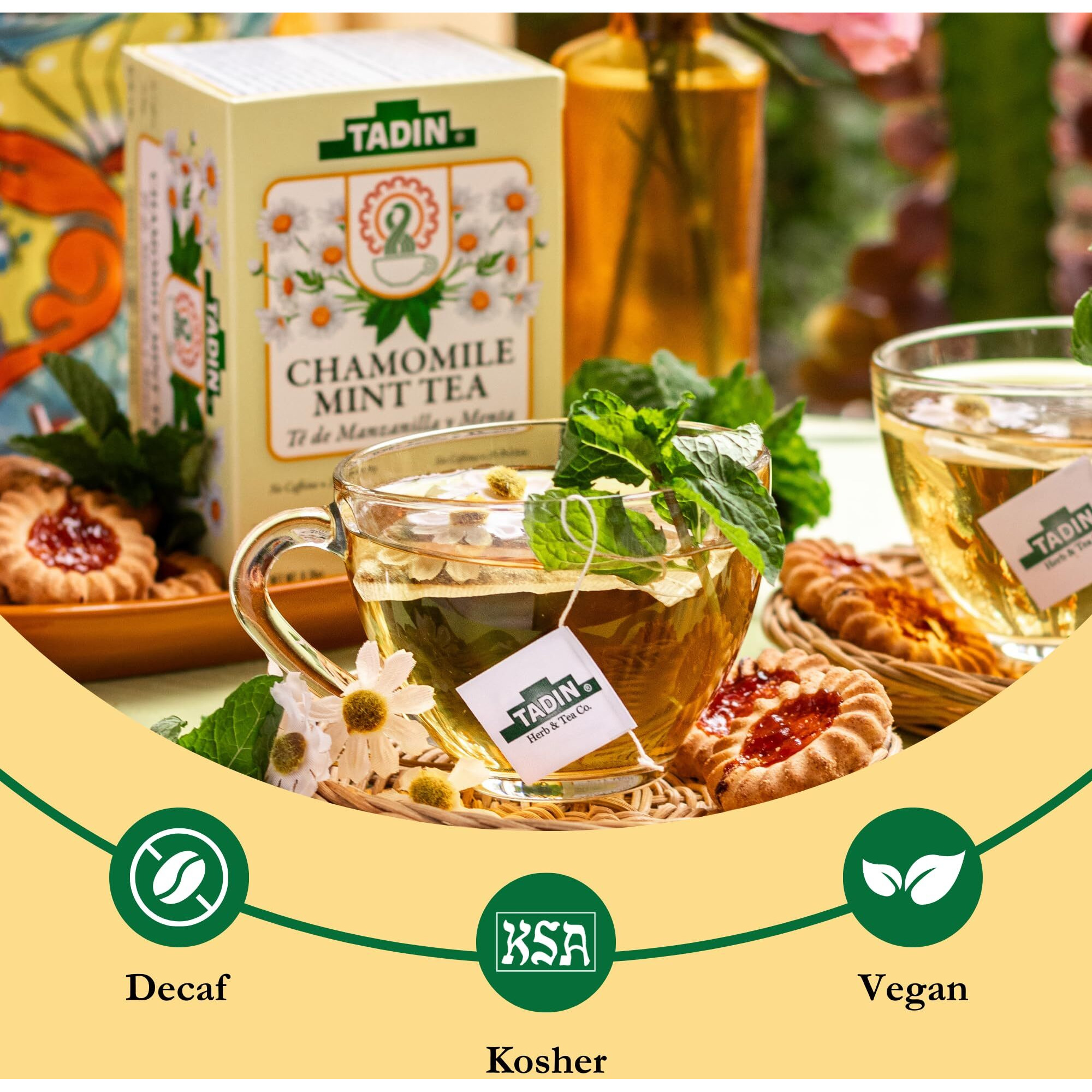 Tadin Chamomile & Mint Tea, Herbal Tea, Tea Bags Individually Wrapped, Caffeine Free Tea, 24 Tea Bags Per Box, Pack Of 6