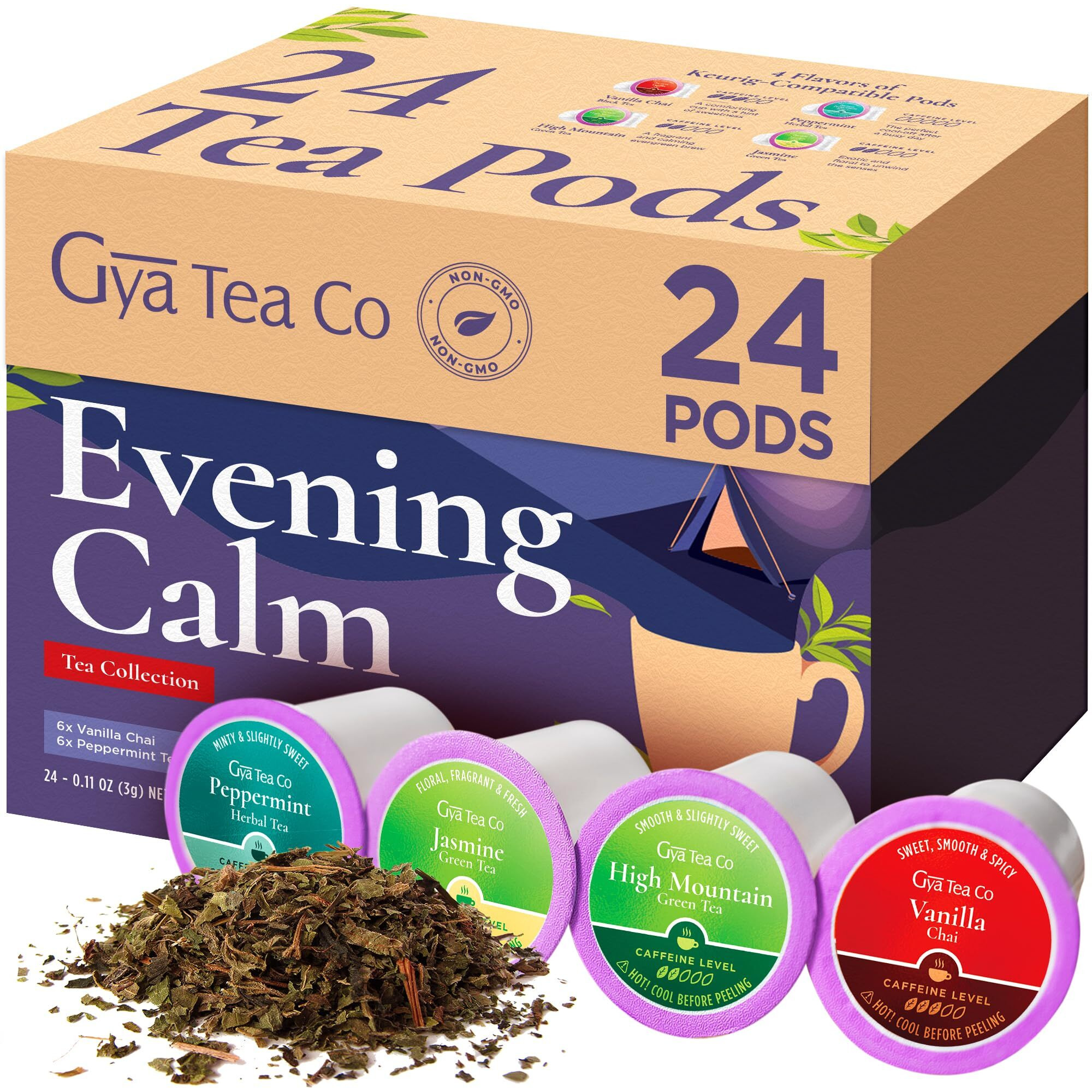Gya Tea Co Evening Calm Tea K Cups For Keurig (24 Ct) - 4 Flavors Smooth Tea K Cups For Keurig -Vanilla Chai, Peppermint, High Mountain & Jasmine K Cup Tea Pods For Keurig 2.0 Tea Gifts For Tea Lovers