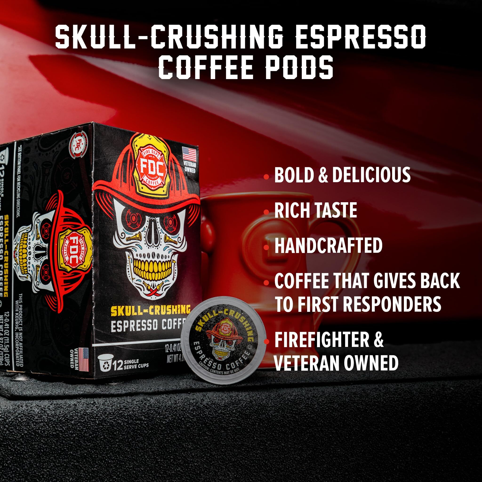 Fire Department Coffee - Gives Back To Firefighters - Skull Crushing Espresso Coffee Pods - Full-Bodied & Bold - Roasted In The Usa - Made With Premium Coffee Beans - Veteran Owned - 12 Single Pods