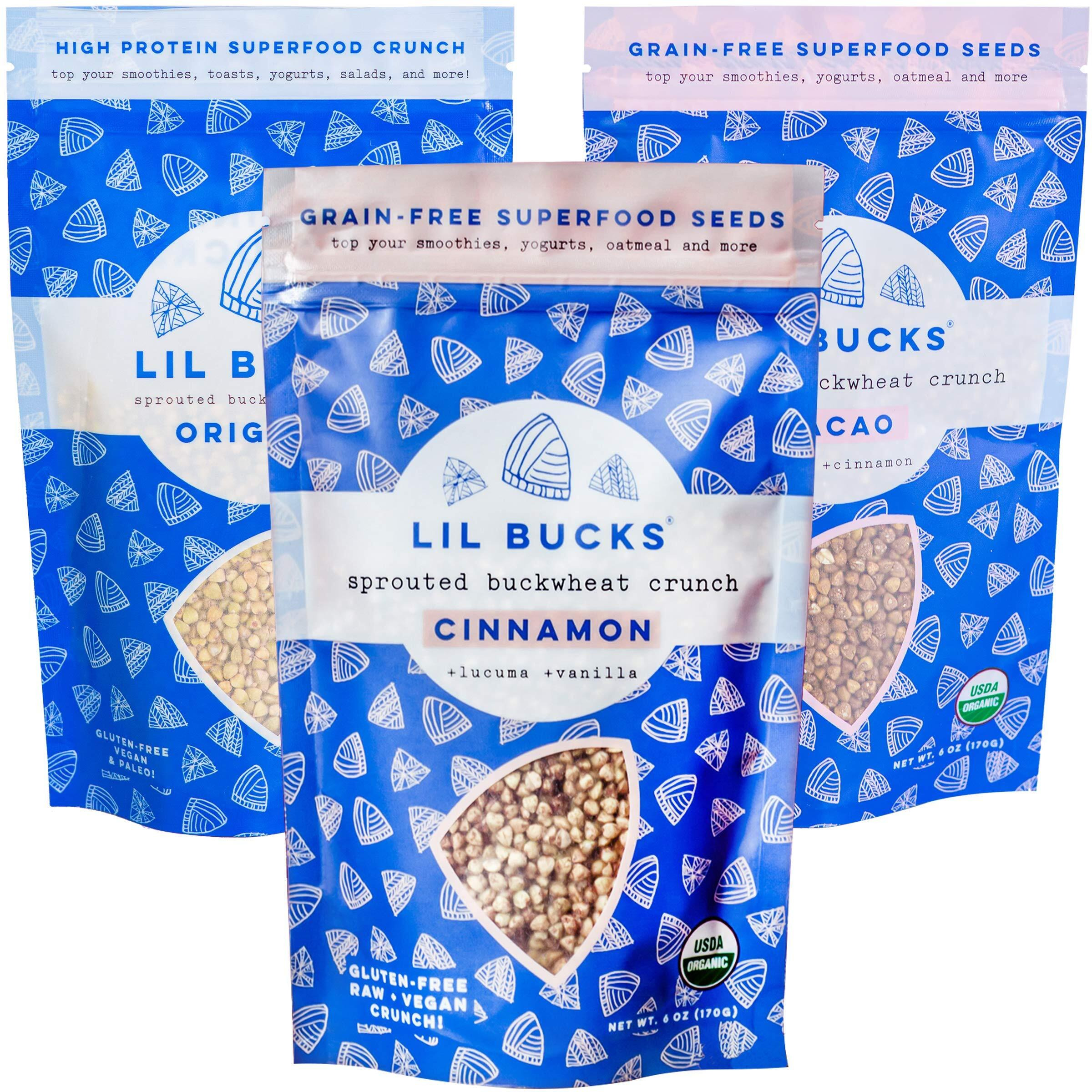 Lil Bucks Sprouted Buckwheat Groats Raw Organic, Grain-Free Granola (Variety Of Cacao, Cinnamon, Original, 3 Pack)