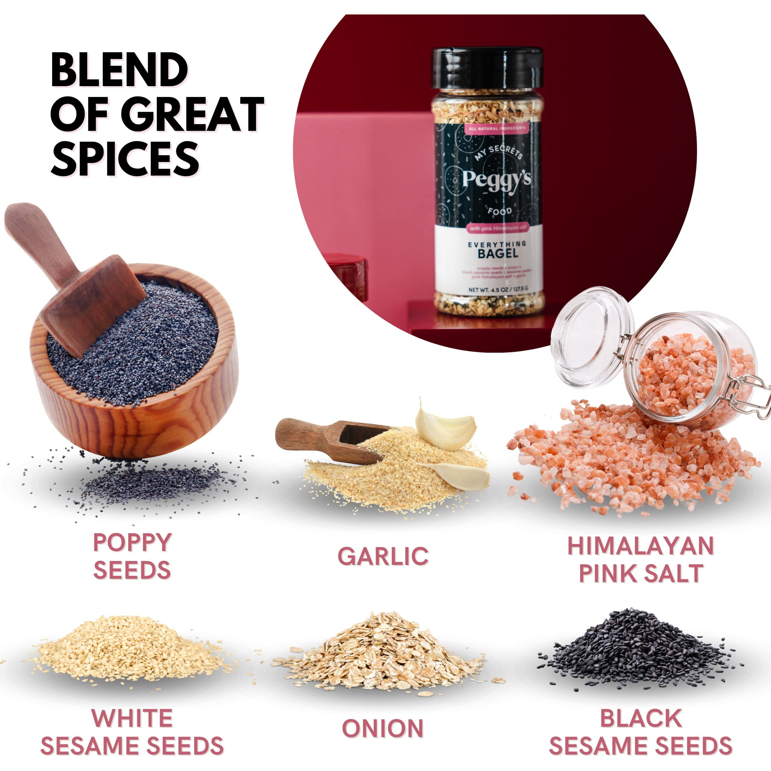 My Secrets Peggy's Food Everything Bagel Seasoning - Contains Himalayan Pink Salt - 4.5 Oz - Easy Sprinkle - Multipurpose & Versatile - Flavorful & Delicious
