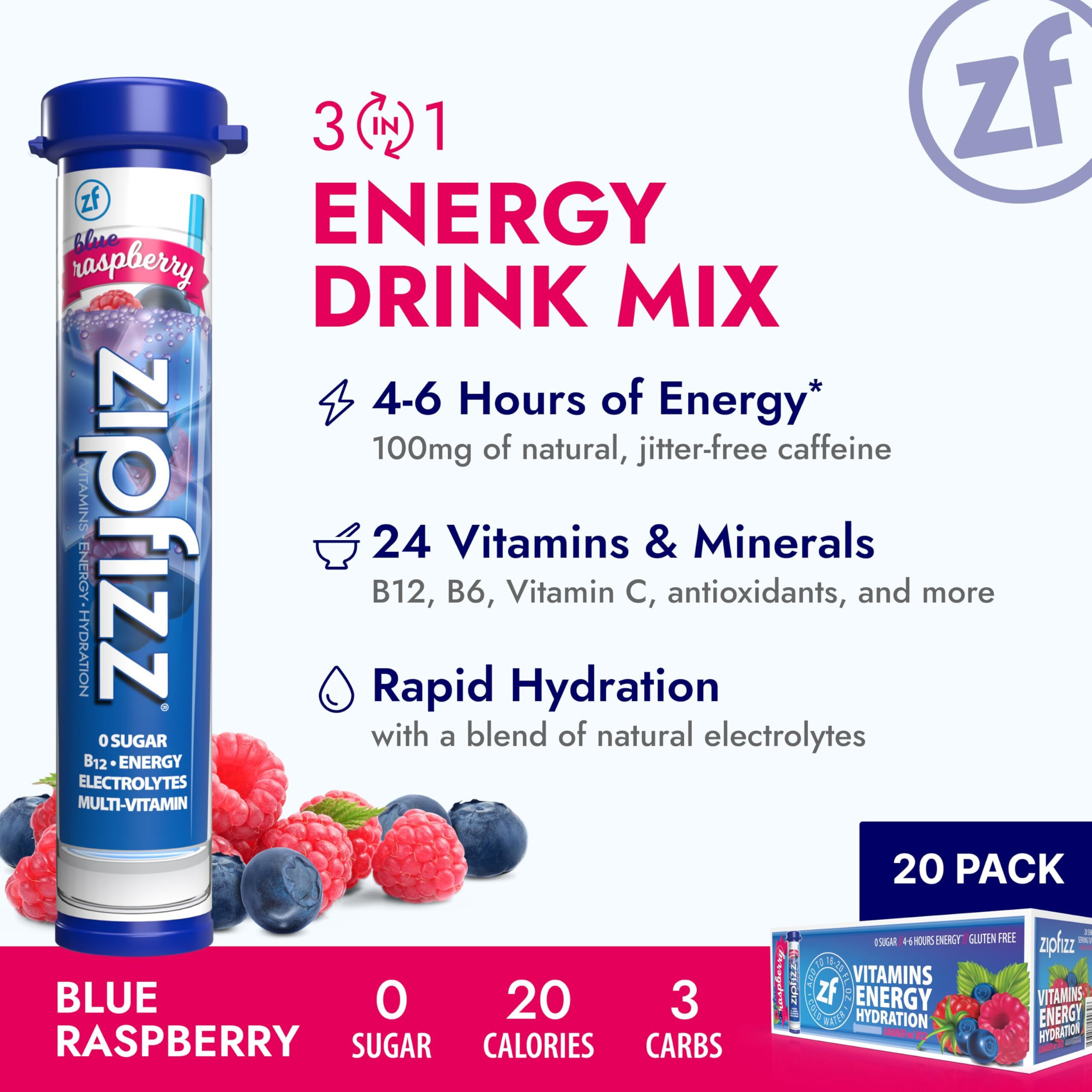 Zipfizz Daily Energy Drink Powder, Blue Raspberry, 20 Pack | 3-In-1 Sustained Energy, Rapid Hydration, And Essential Vitamins | Sugar-Free | Electrolyte Powder | Contains Vitamin B-12 & Antioxidants