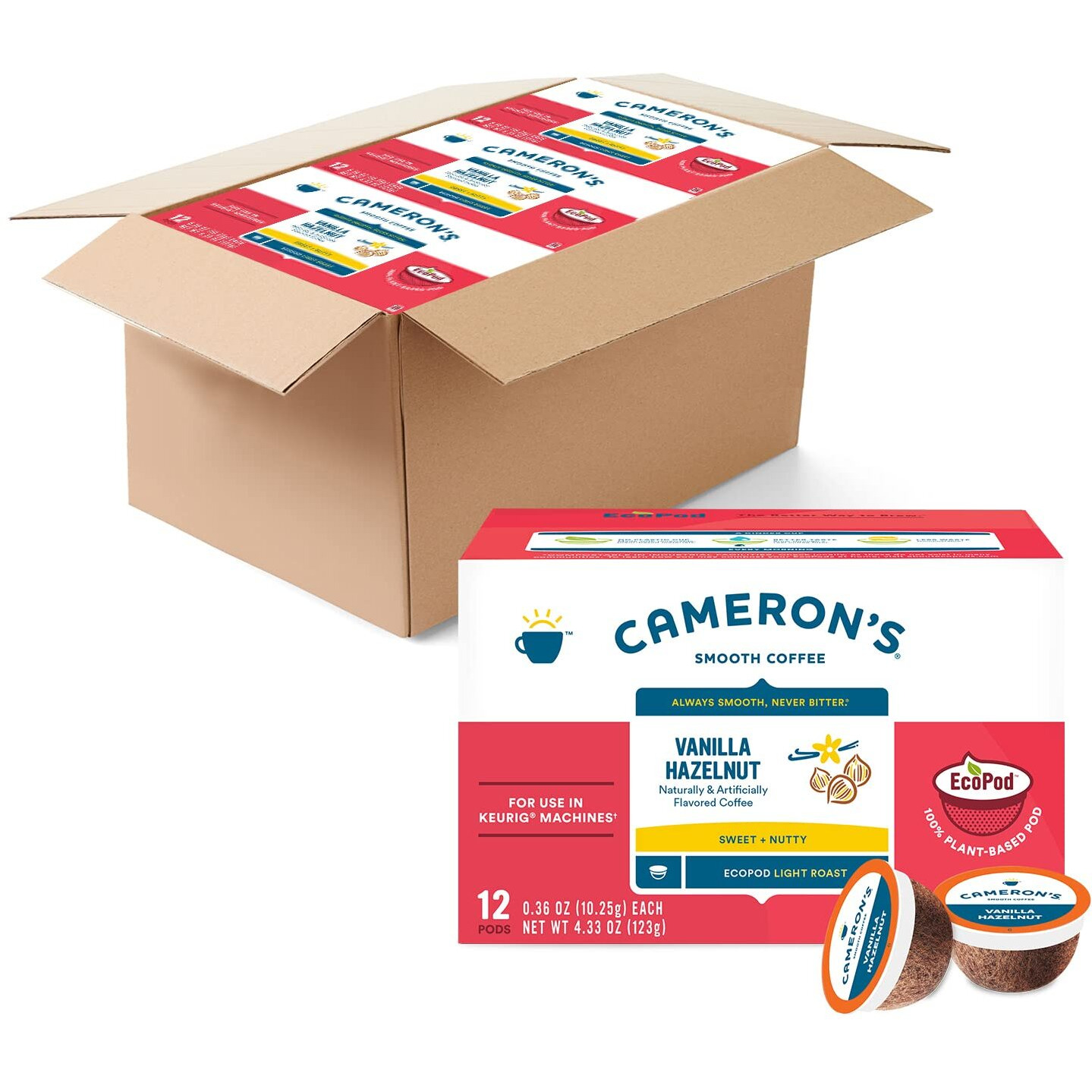 Cameron's Coffee Single Serve Pods, Flavored, Vanilla Hazelnut, 12 Count (Pack Of 6)