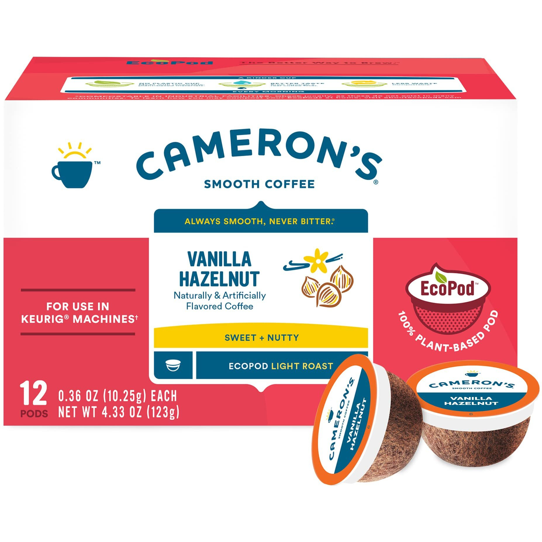 Cameron's Coffee Single Serve Pods, Flavored, Vanilla Hazelnut, 12 Count (Pack Of 6)