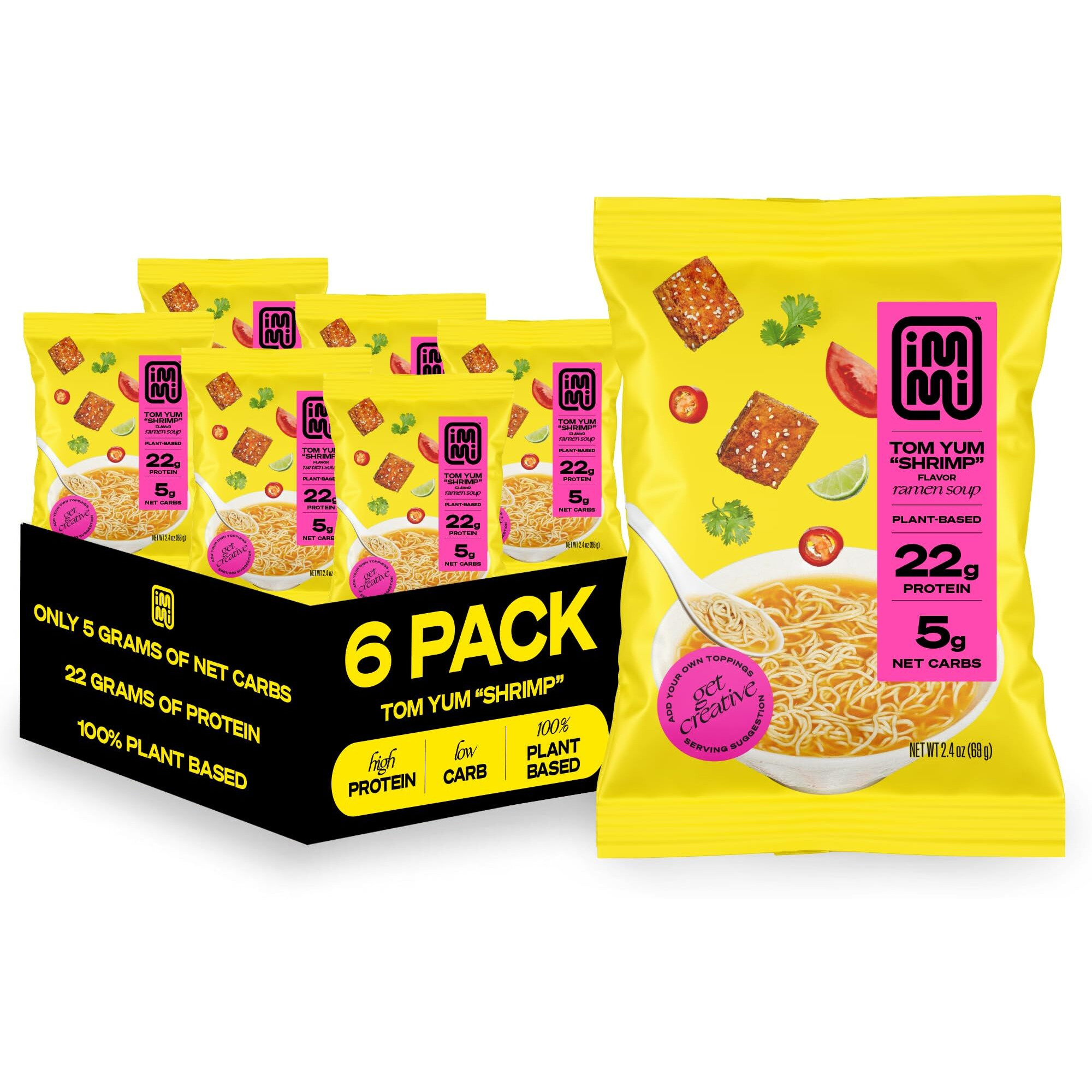 Immi Tom Yum "&quotShrimp"" Ramen, 100% Plant Based, Keto Friendly, Low Carb, High Protein, Packaged Noodle Meal Kit, Ready To Eat, 6 Pack