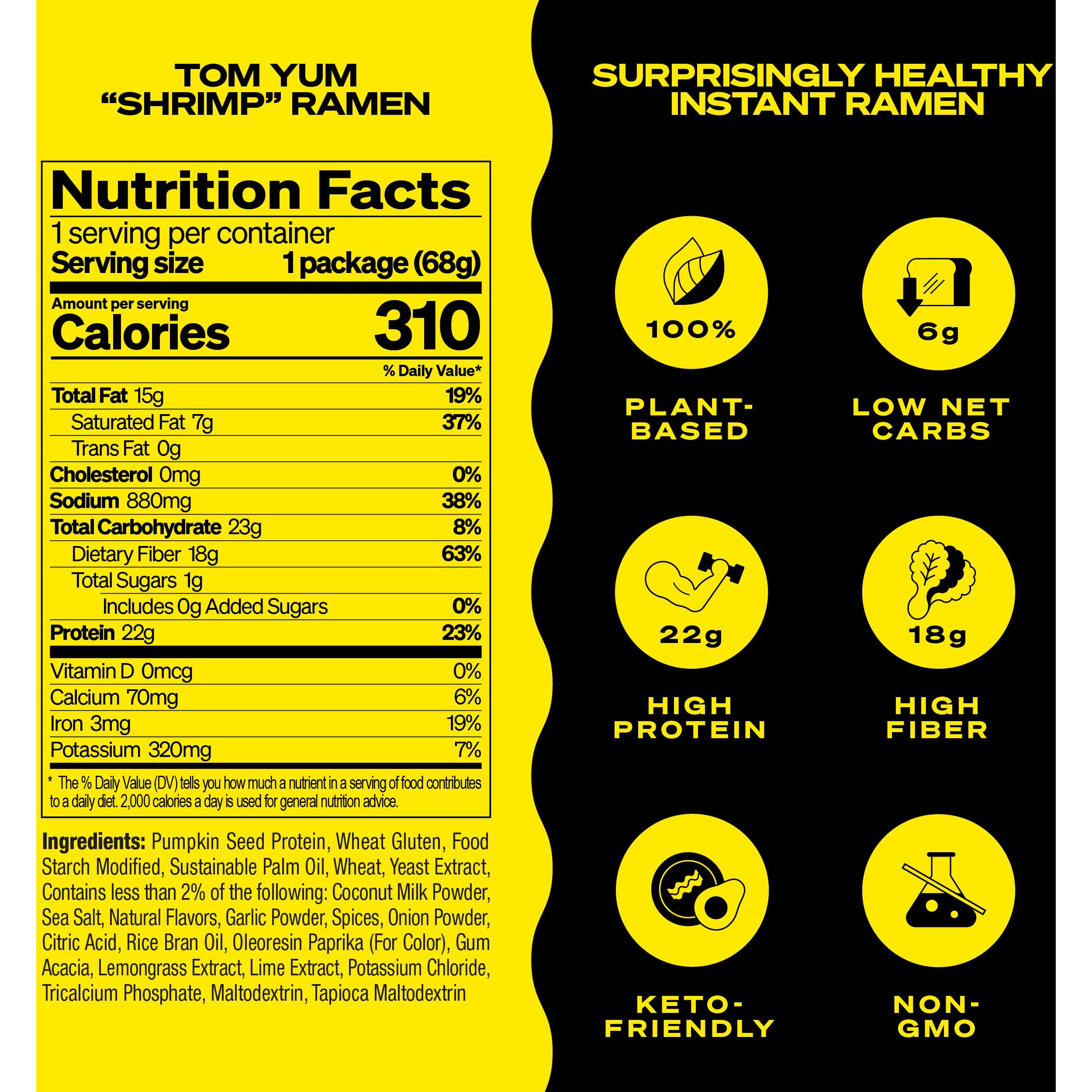 Immi Tom Yum "&quotShrimp"" Ramen, 100% Plant Based, Keto Friendly, Low Carb, High Protein, Packaged Noodle Meal Kit, Ready To Eat, 6 Pack