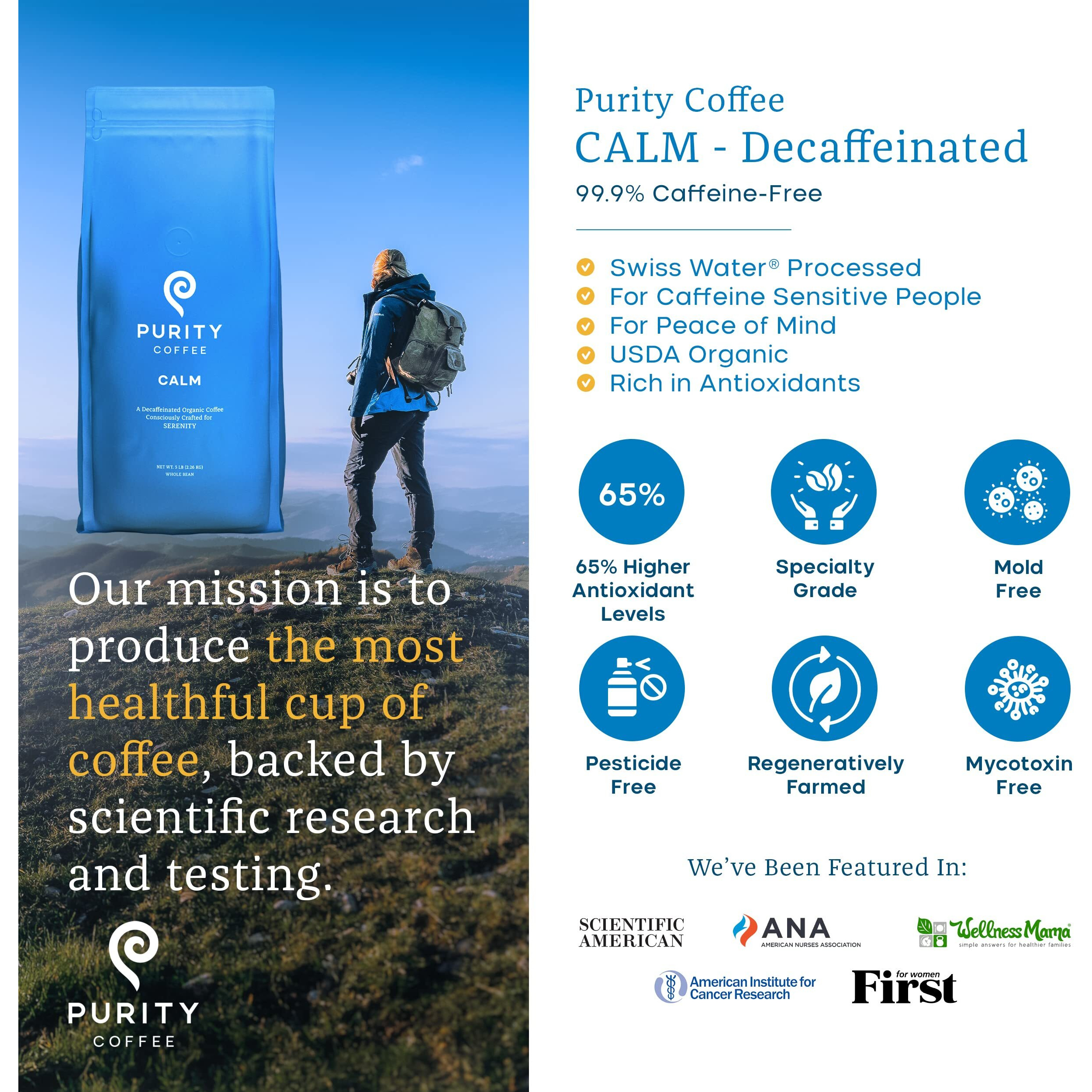 Purity Coffee Calm Decaf Medium Roast Whole Beans - Usda Certified Organic Specialty Grade Arabica Swiss Water Processed Decaffeinated - Third Party Tested For Mold, Mycotoxins, Pesticides - 5 Lb Bag