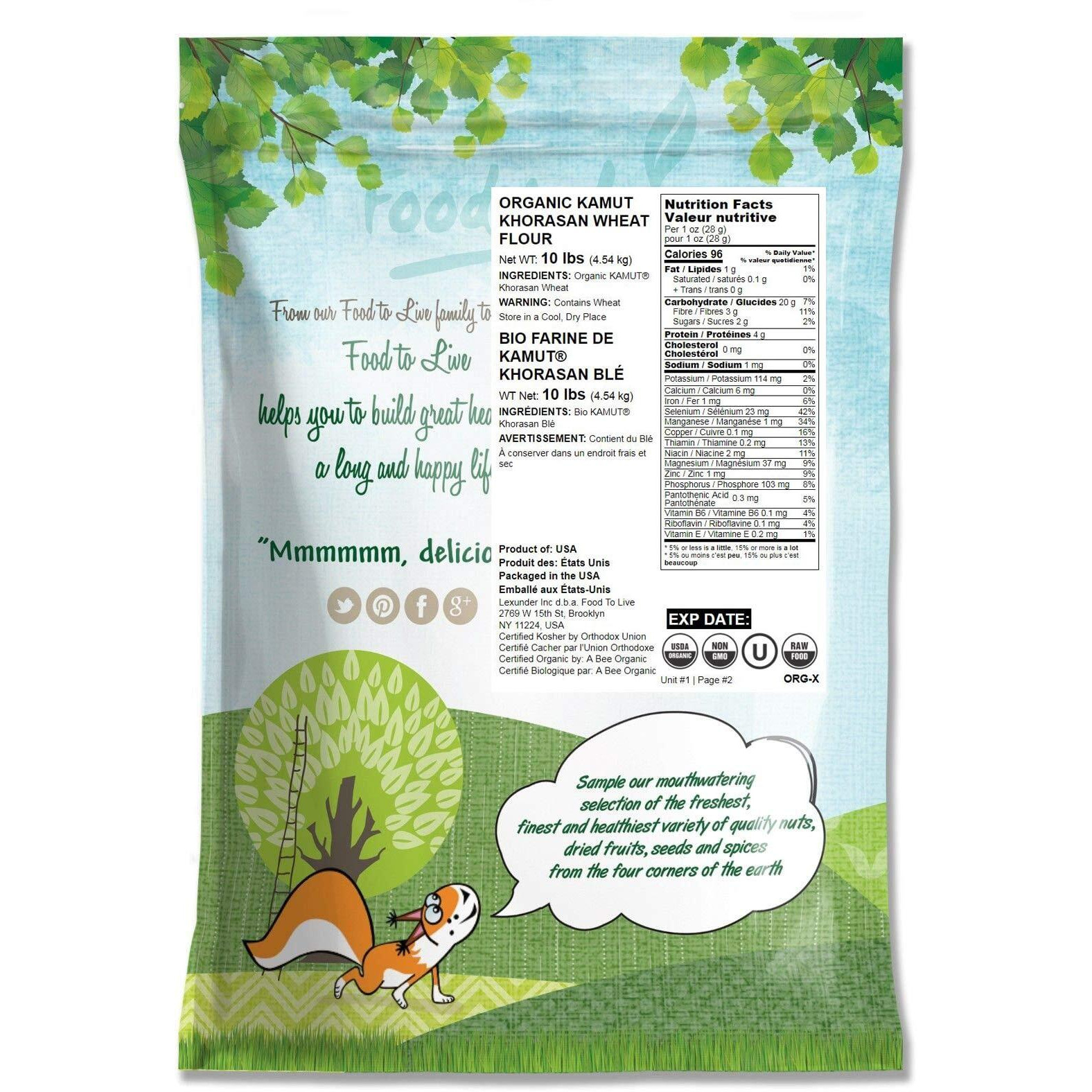 Food To Live Organic Kamut Khorasan Wheat Flour, 10 Pounds Stone Ground Powder, 100% Whole Grain Meal, Non-Gmo, Kosher, Bulk