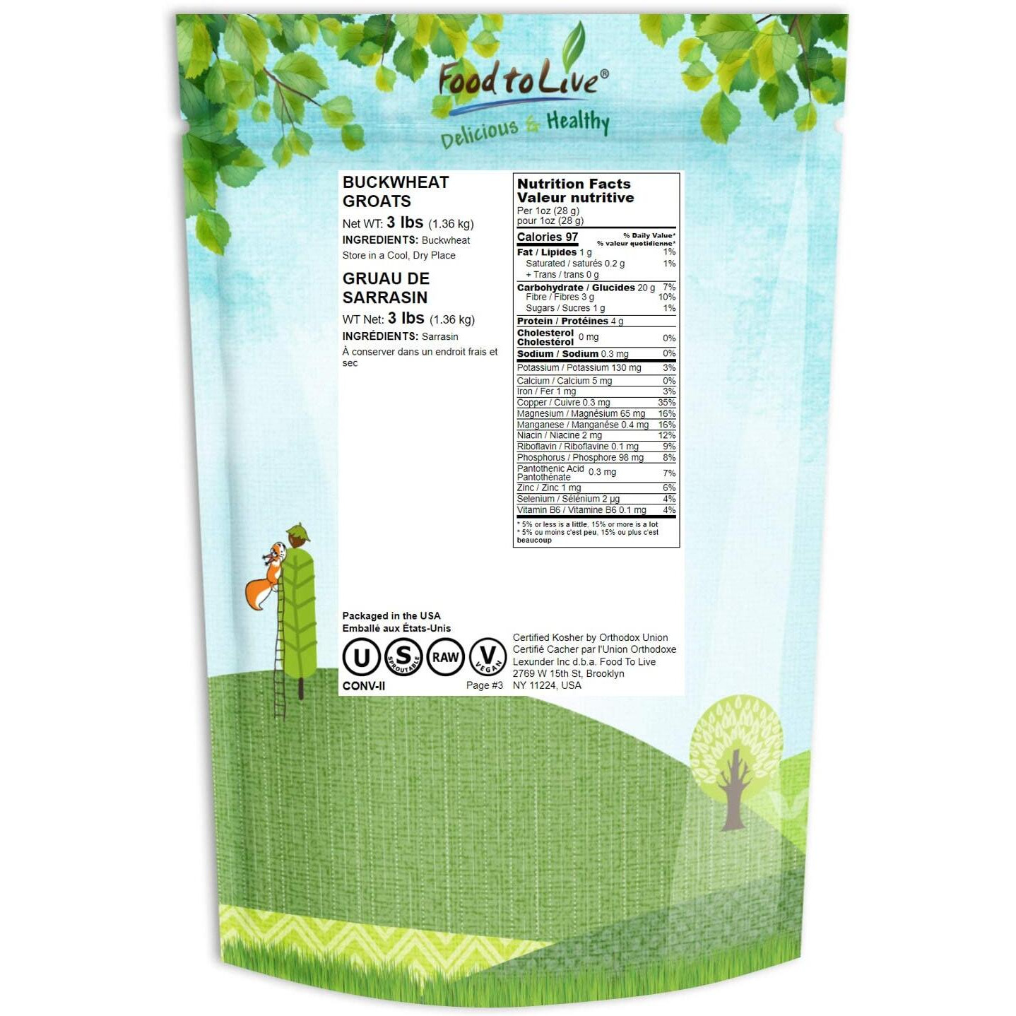 Food To Live Buckwheat Groats, 3 Pounds - Hulled Whole Grains, Raw, Kosher, Vegan, Sirtfood, Bulk, Good Source Of Dietary Fiber, Copper, Magnesium, Manganese, And Niacin