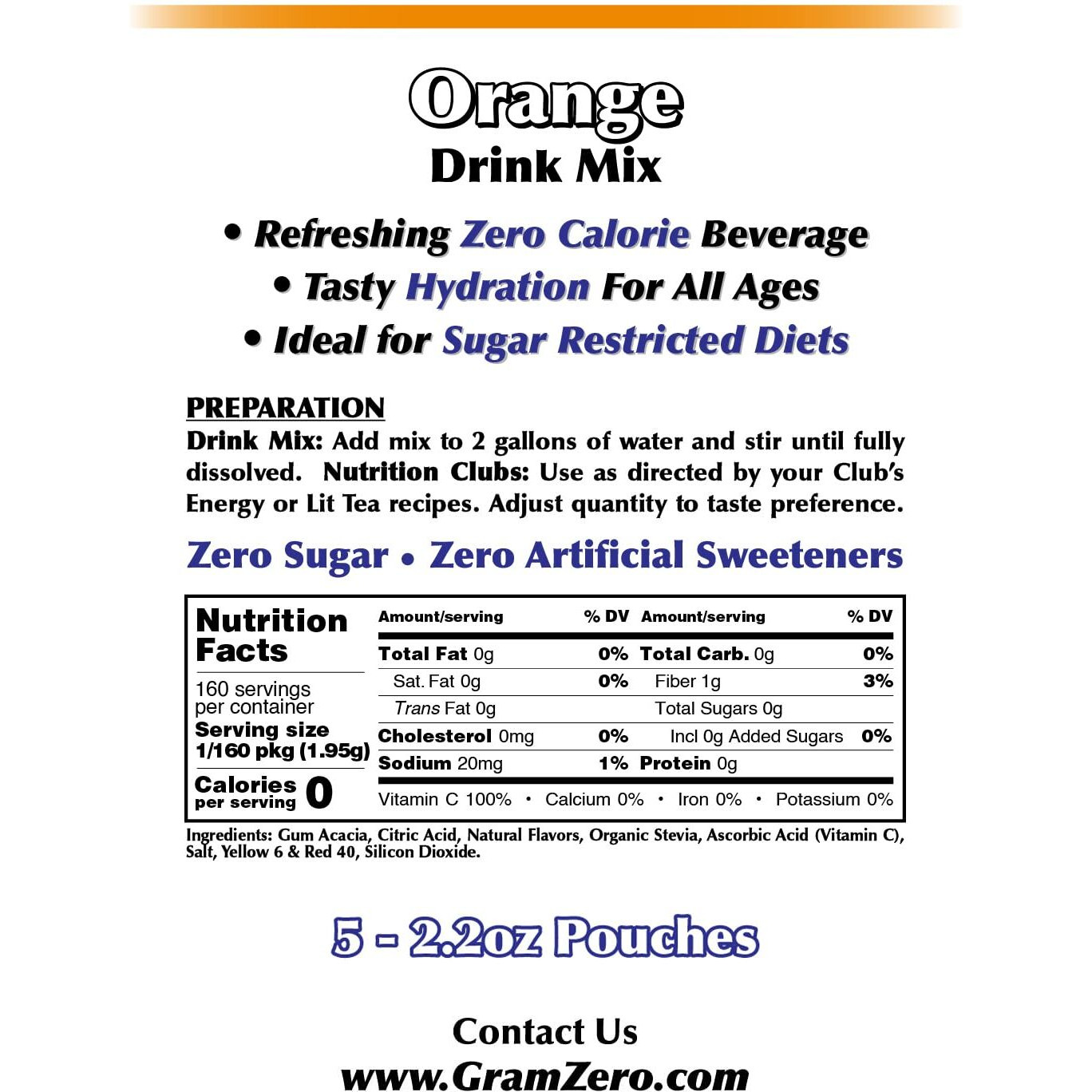 Gramzero Orange Sugar Free Drink Mix Sports Pack, Great For Nutrition Club Loaded Teas, Zero Calorie, Stevia Sweetened