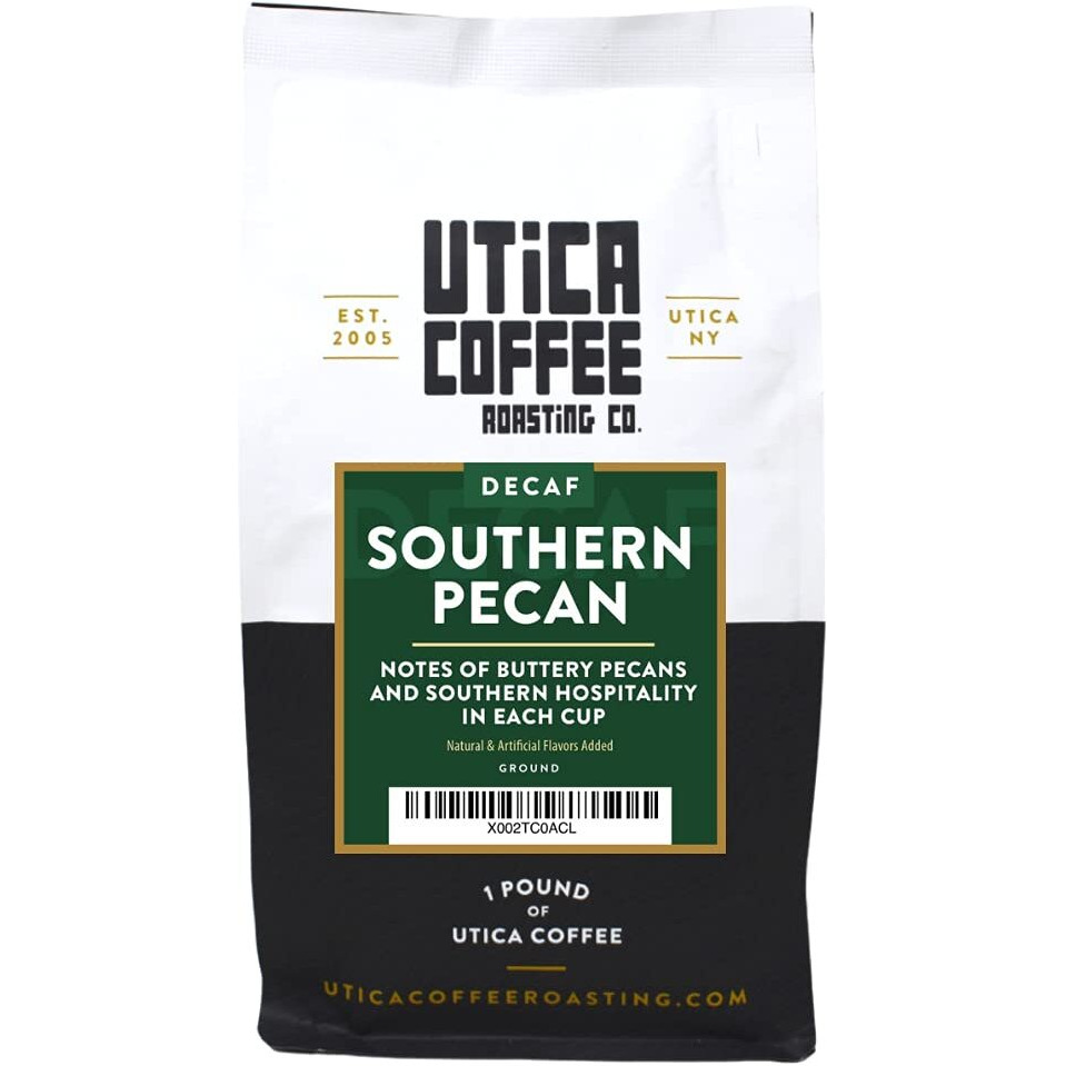 Utica Coffee Roasting Co. Decaf Southern Pecan | Specialty Flavored Medium Roast Ground Coffee | 16 Oz Reclosable Bag