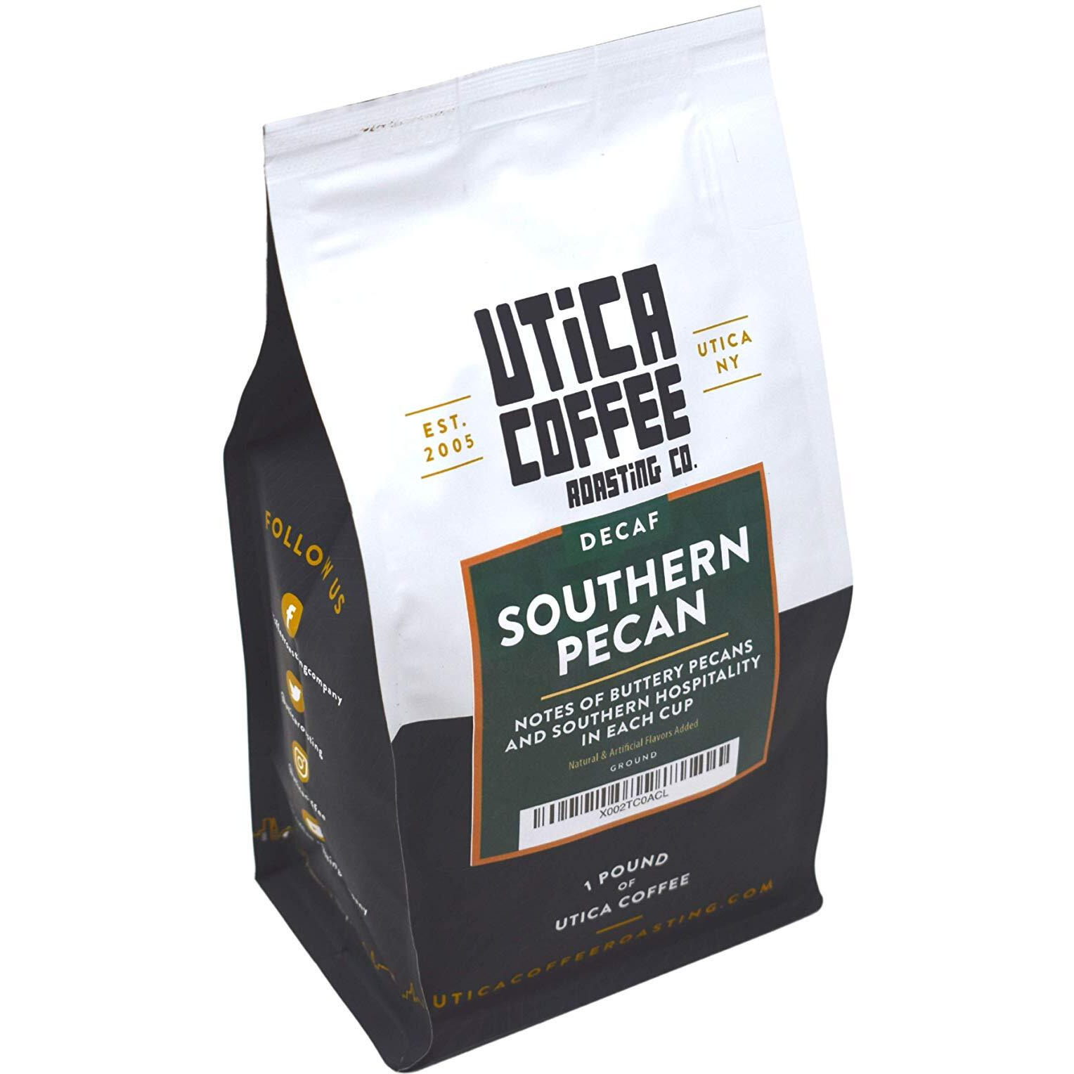 Utica Coffee Roasting Co. Decaf Southern Pecan | Specialty Flavored Medium Roast Ground Coffee | 16 Oz Reclosable Bag