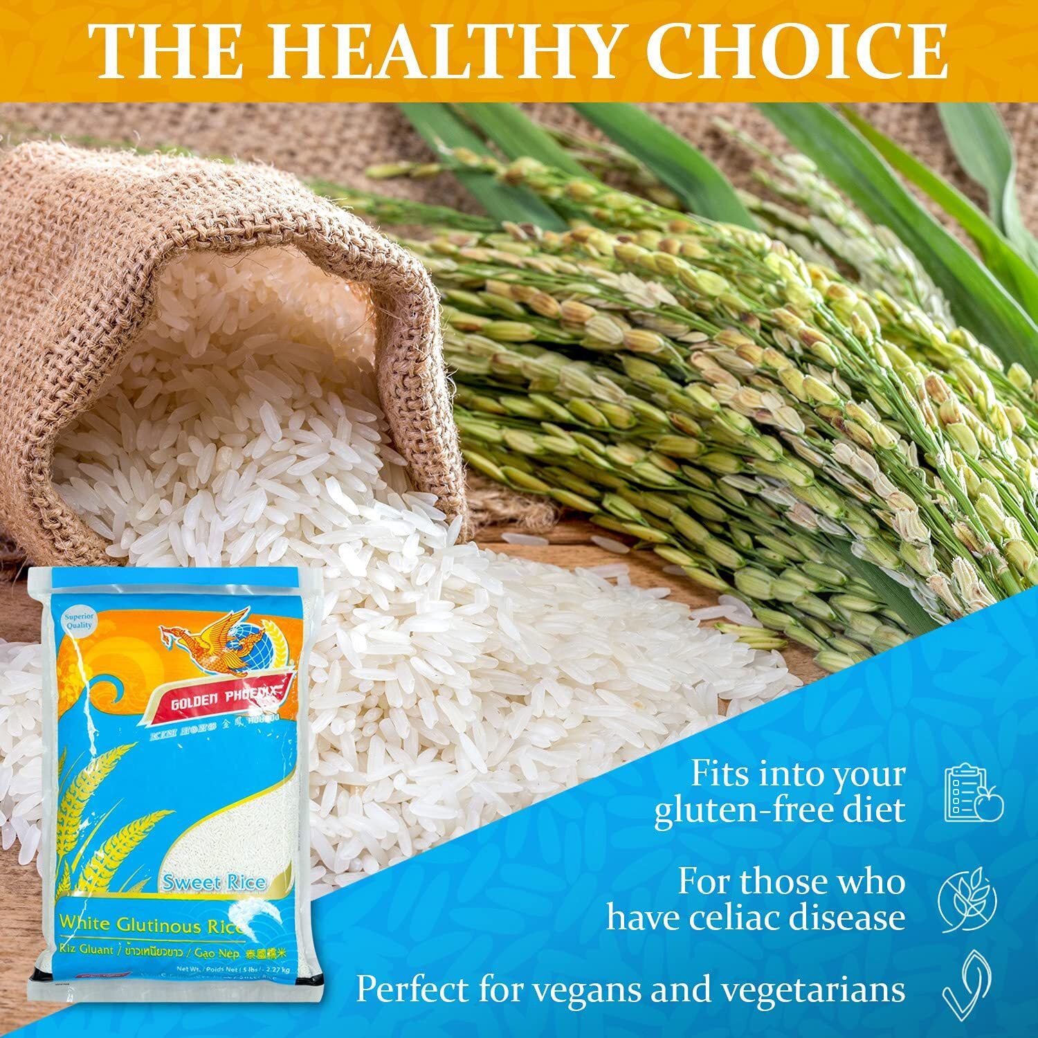Golden Phoenix Thai Sweet Rice - Premium Sticky Rice For Desserts Or Rice Cakes, Great For Gluten-Free Diets, 5 Pounds (Pack Of 1)