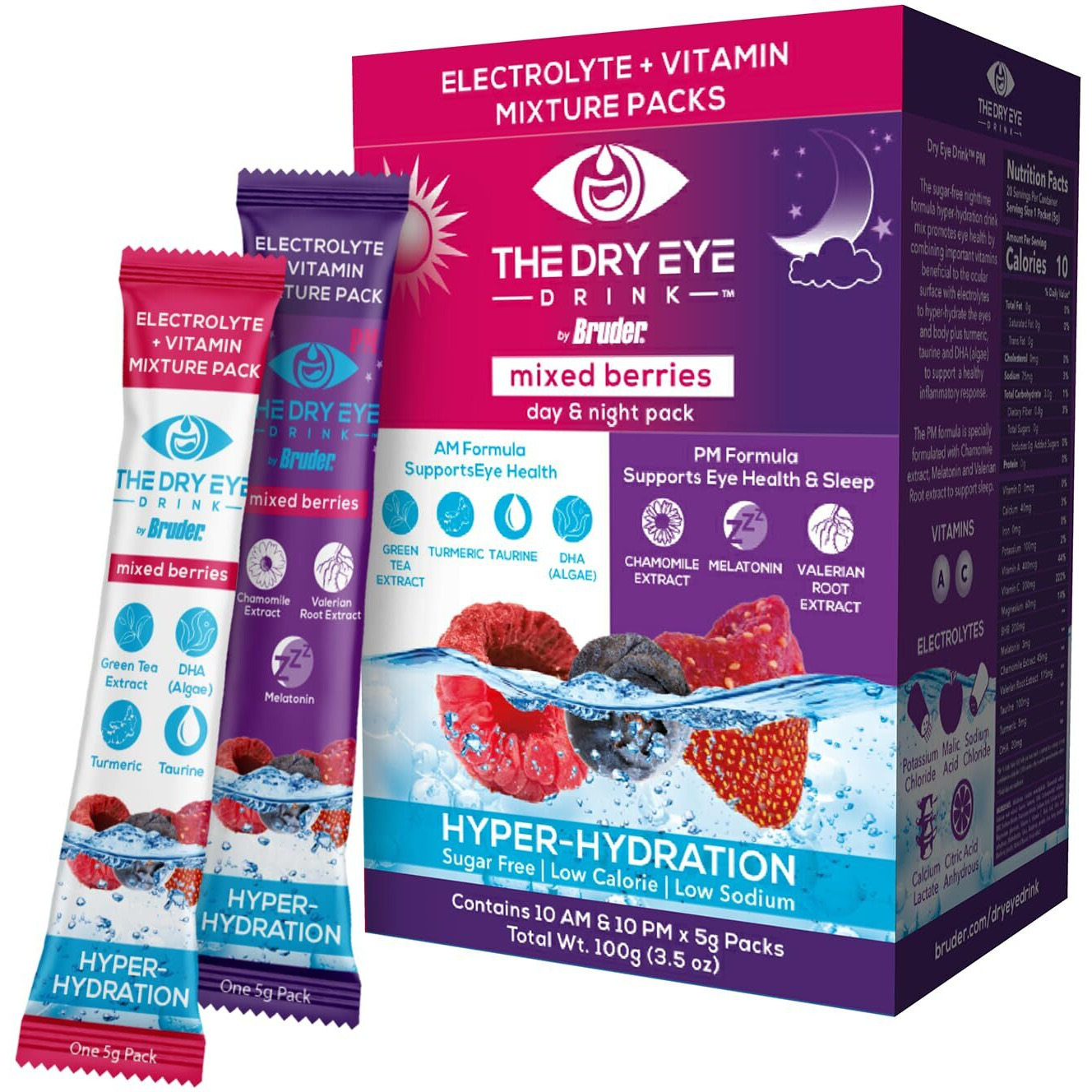 The Dry Eye Drink L Ultimate Hydration For Dry Eyes L Sugar-Free Electrolyte Powder Packets L Blended With Vitamins, Green Tea, Turmeric, Taurine, And Dha L 5G X 20 Packets (Mixed Berry Am/Pm)