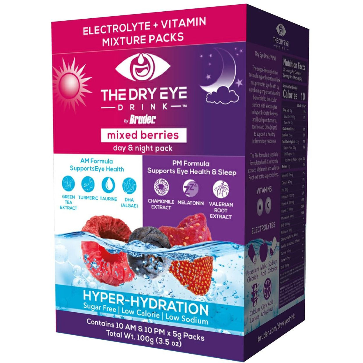 The Dry Eye Drink L Ultimate Hydration For Dry Eyes L Sugar-Free Electrolyte Powder Packets L Blended With Vitamins, Green Tea, Turmeric, Taurine, And Dha L 5G X 20 Packets (Mixed Berry Am/Pm)