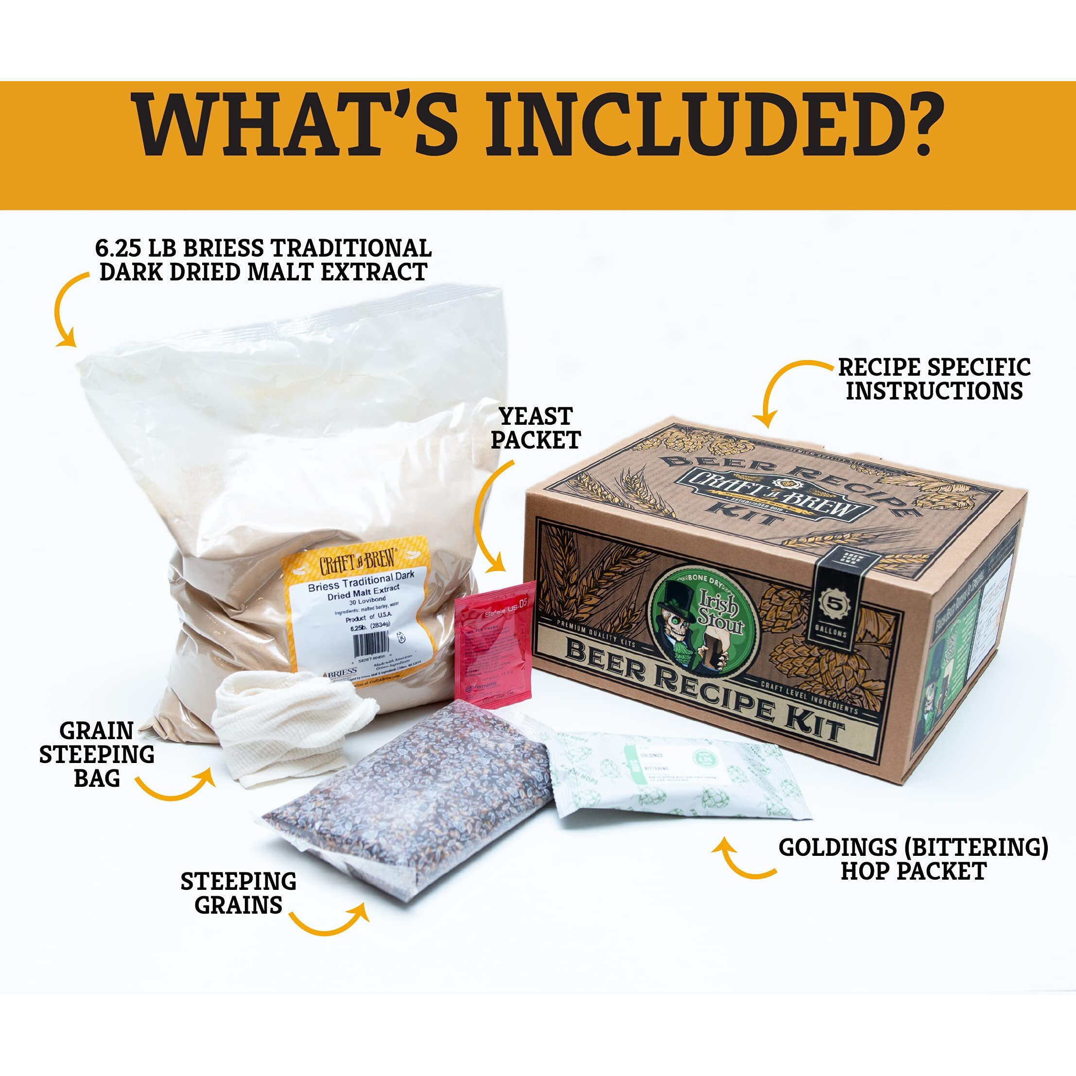 Craft A Brew - Beer Recipe Kit - Bone Dry Irish Stout - Home Brewing Ingredient Refill - Beer Making Supplies - Includes Hops, Yeast, Malts, Extracts - 5 Gallons