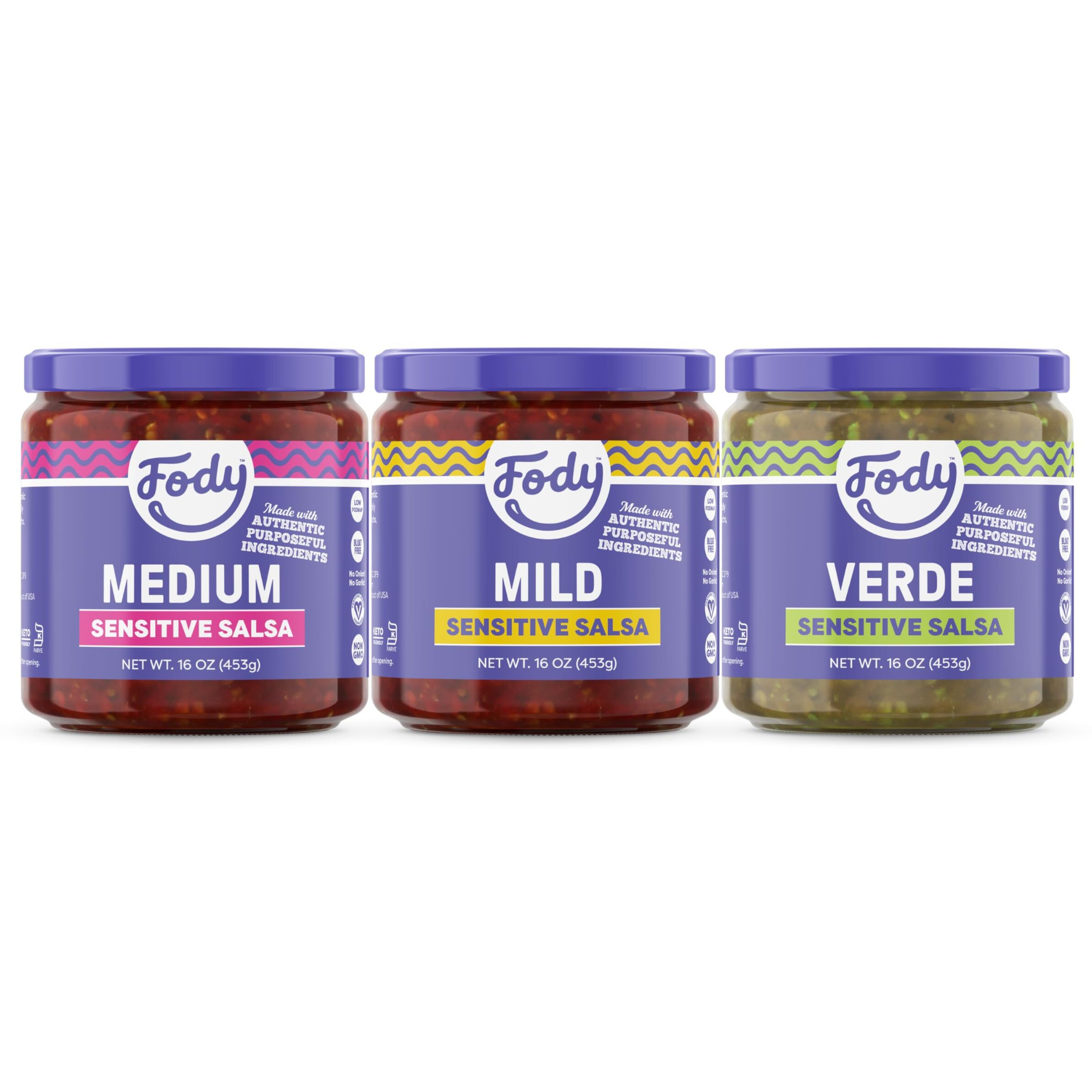 Fody Foods Vegan Salsa Variety Pack, Chunky Tomato Jalapeno Salsa, Low Fodmap Certified, Gut & Ibs Friendly, 16 Ounce, Pack Of 3