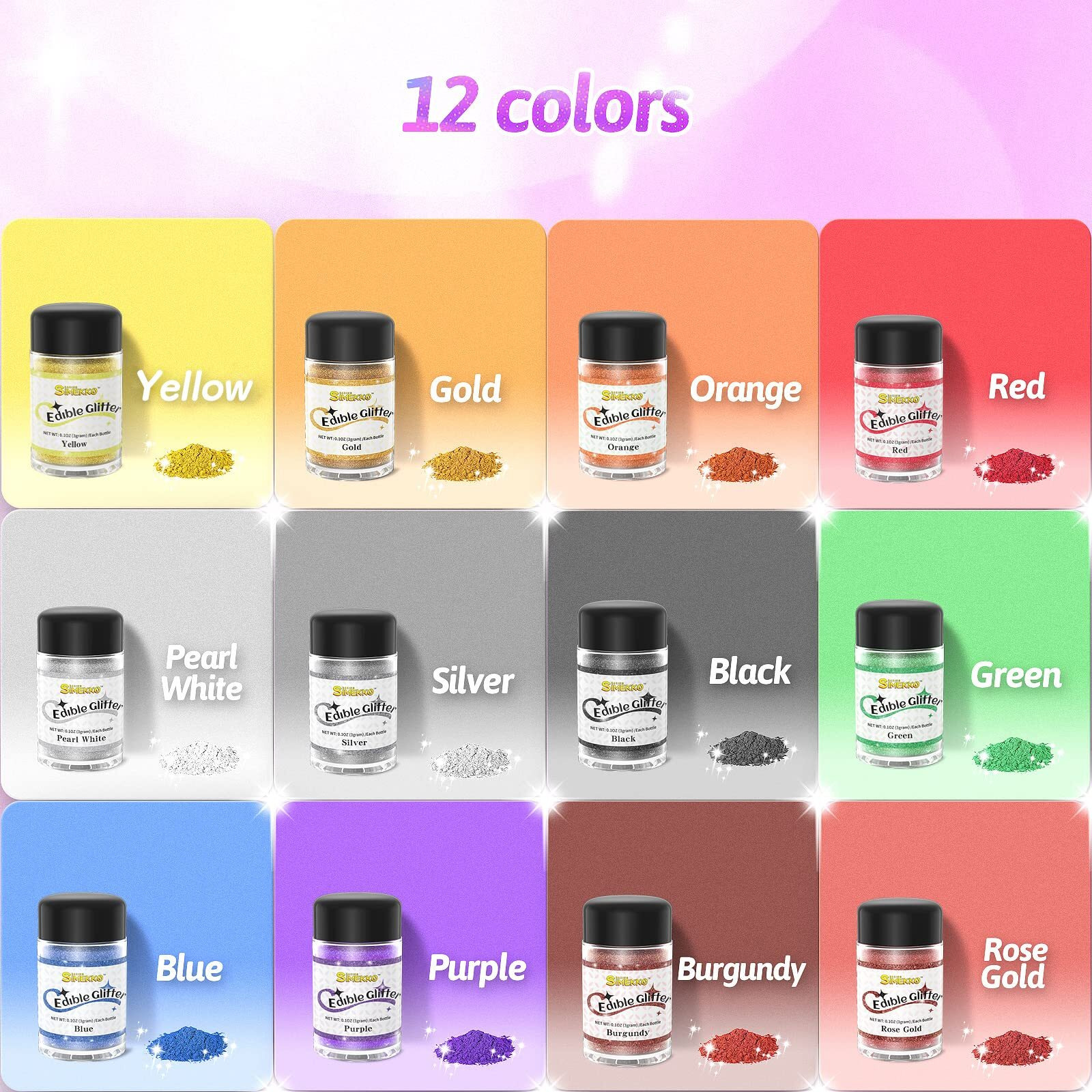 Edible Glitter For Drinks 10+2Colors Simekko Food Grade Edible Luster Dust For Cakes, Drinks, Strawberries And Fondant, Vegan & Sugar & Gluten Free (3 Gram Each Bottle)