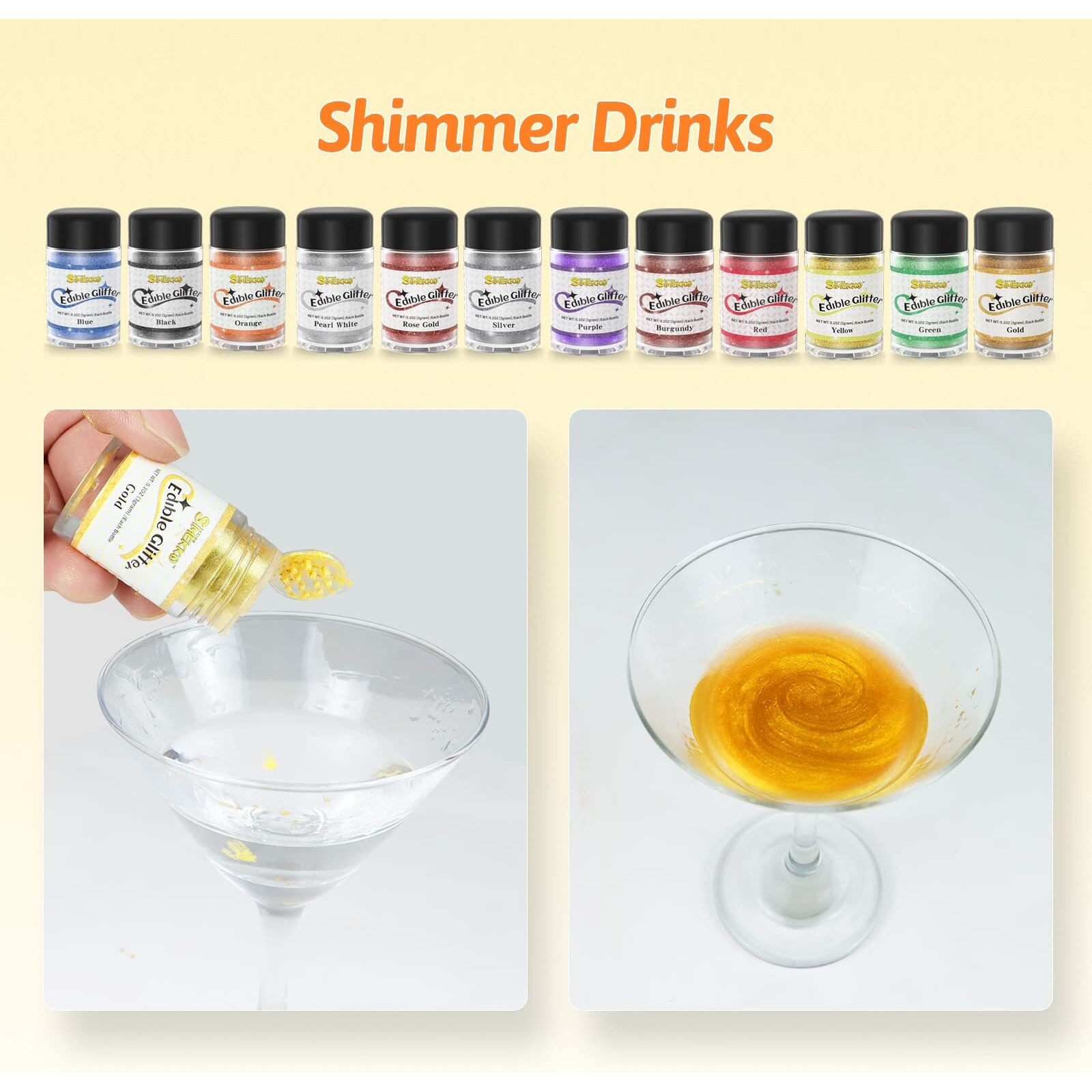 Edible Glitter For Drinks 10+2Colors Simekko Food Grade Edible Luster Dust For Cakes, Drinks, Strawberries And Fondant, Vegan & Sugar & Gluten Free (3 Gram Each Bottle)