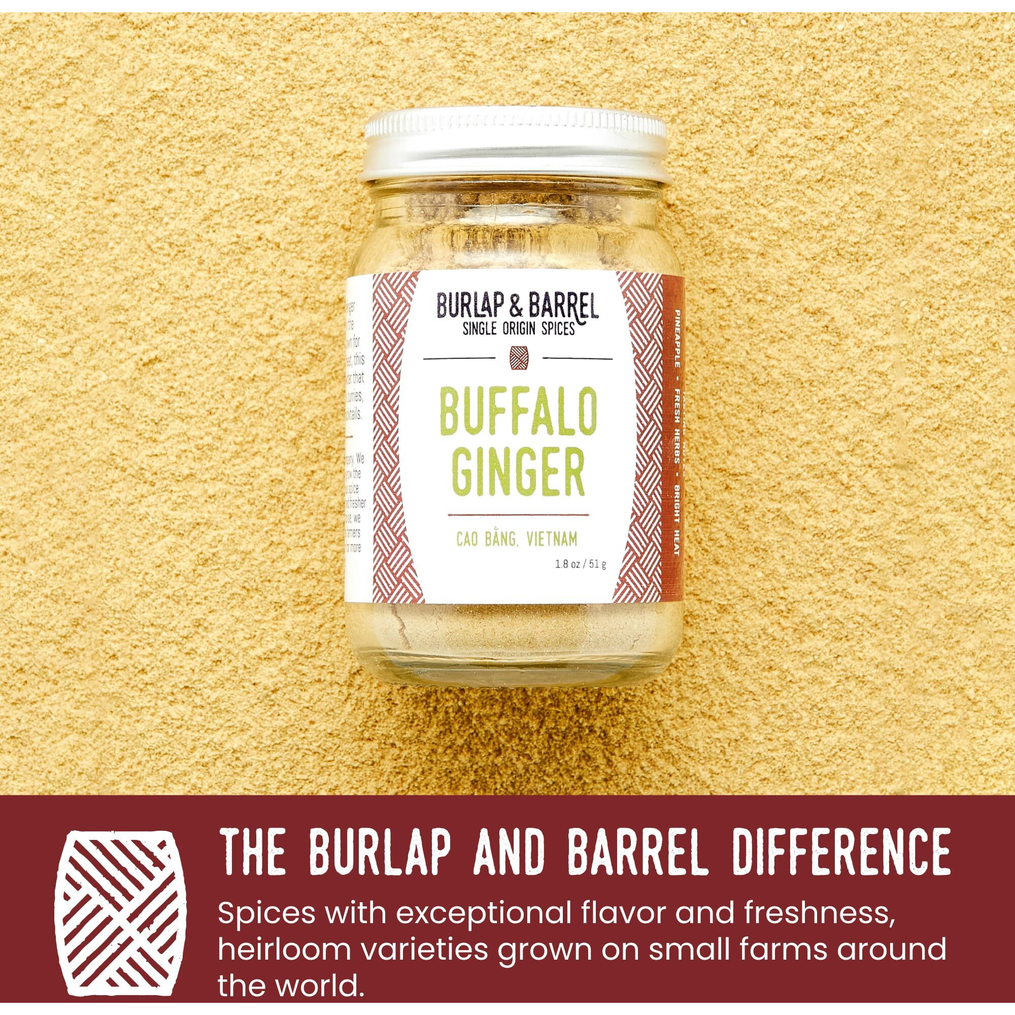 Burlap & Barrel Buffalo Ginger - Spicy, Fruity And Intense Heirloom Ginger Powder With A Bite - Add To Stir Fries, Soups, And Teas - Mother's Day Gift Ideas - 1.8Oz Glass Jar